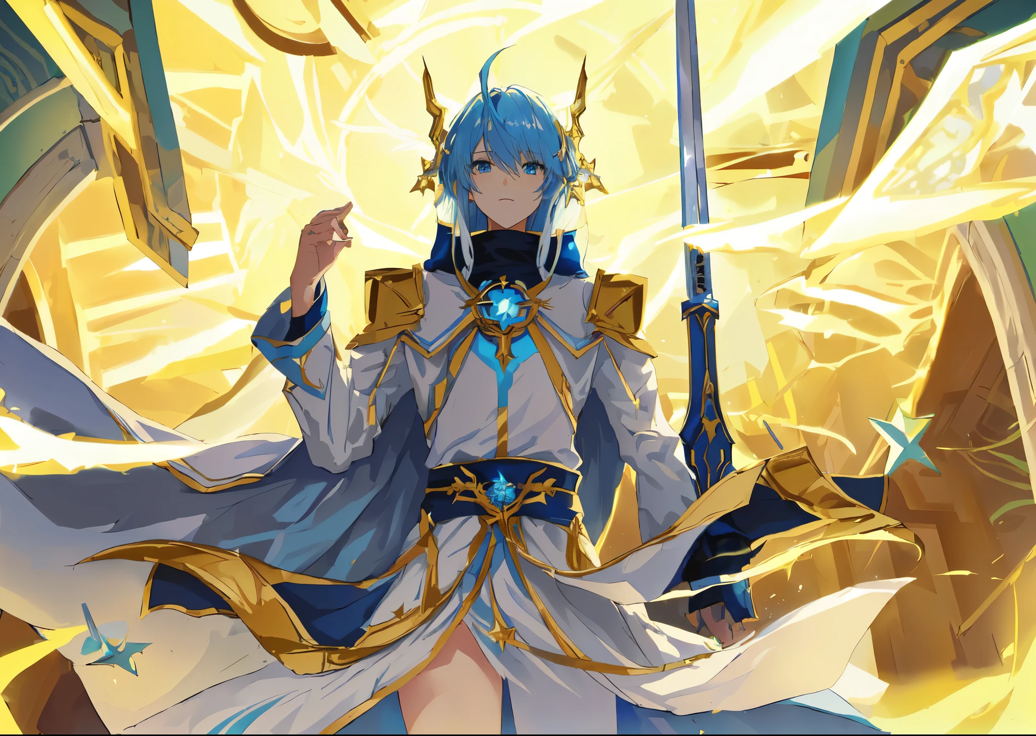 Wearing a cloak、Blue-haired anime character holding a sword, Anime Goddess,Blue long hair,Blue eyes,Star God,White skirt,Gorgeous white dress,Exposing the legs,Casimir Art, cyan and gold scheme, An epic and magnificent fallen businessman, Official Art