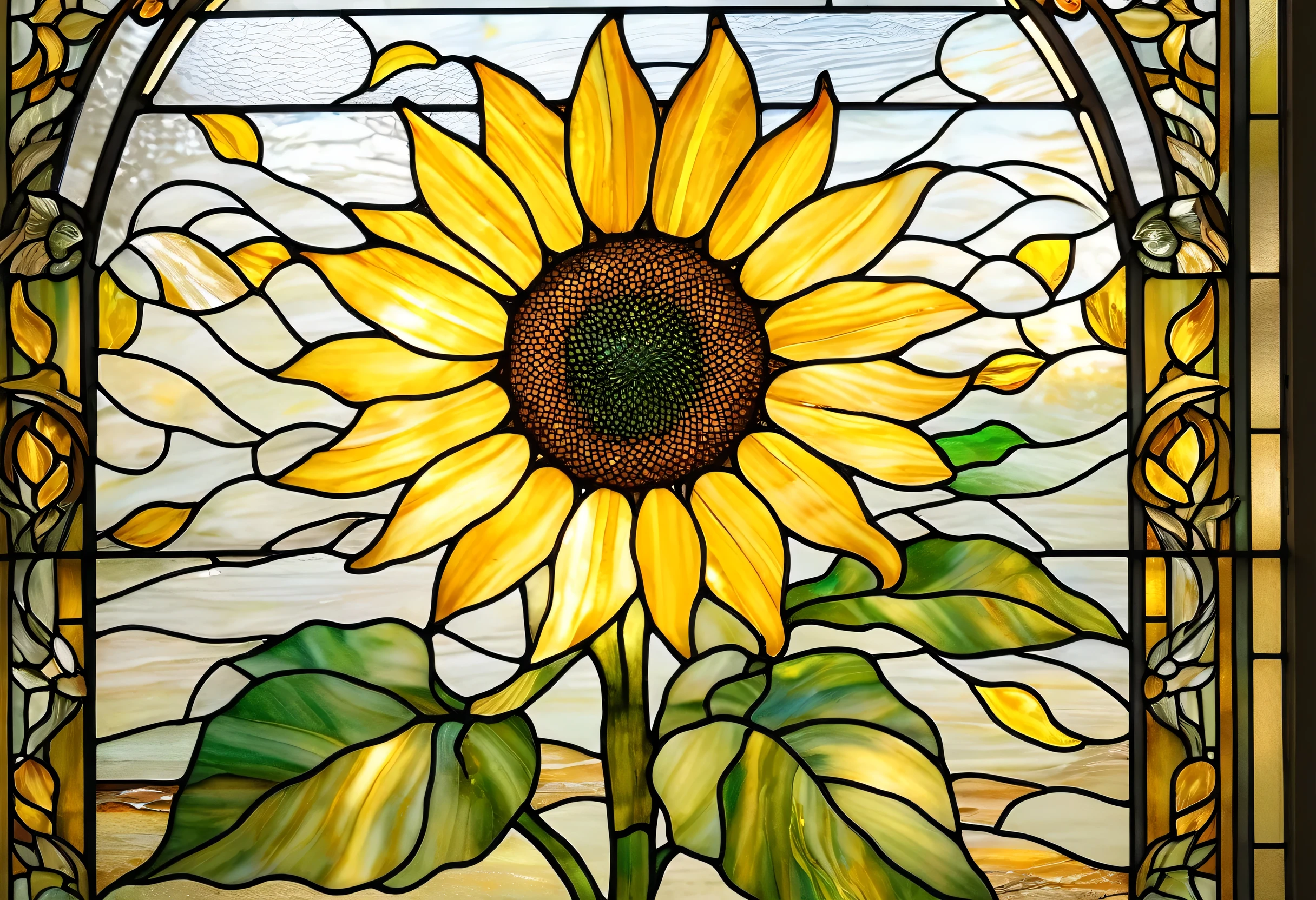 a painting of sunflower in a Stained glass window, Detailed paintings inspired by Louis Comfort Tiffany, Trending on Pixabay, Art Nouveau, sunflower Stained glass, Stained glass art, crystallic sunflower, sunflower, Stained glass style, color: yellow sunflower, color : yellow sunflower, Painting on glass, golden twilight Stained glass, Stained glass, sunflower in the background
