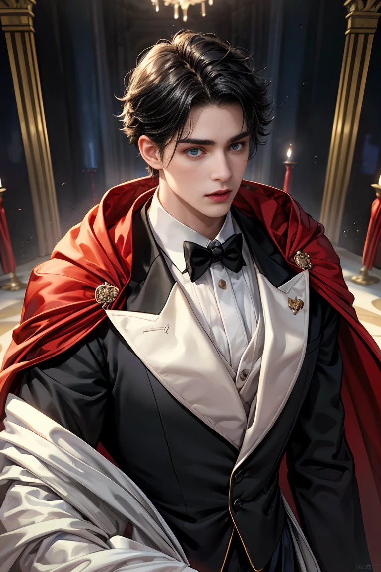 
masterpiece, 最high quality, high quality, 1 boy, alone, Male focus, Watching the audience,  Messy black hair, Adorable big blue eyes, White, Noble, Noble, Beautiful Vampire、Tuxedo、A very voluminous, large, very large, very large, long, long red and black cape with a high stand-up collar, made of a lot of fabric that reaches down to the floor., 17 years old,Cute beautiful boys,Cute, cute, kind, handsome guy