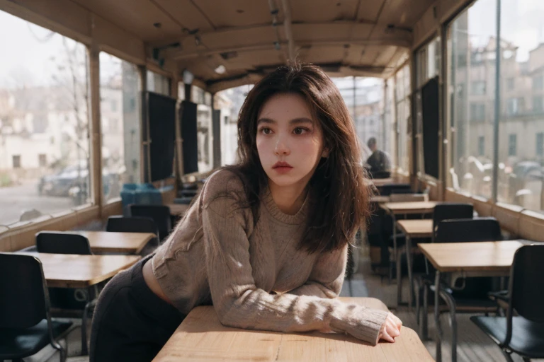 Messy hair, Best Quality, Illustration, Ultra-detailed, finely detail, hight resolution, 8K Wallpaper, Perfect dynamic composition, Beautiful detailed eyes, Natural Lip, black cotton sweatpants , Big breasts, (teacher:1.2), white knit sweater. busy, looking away, bend down, bent over