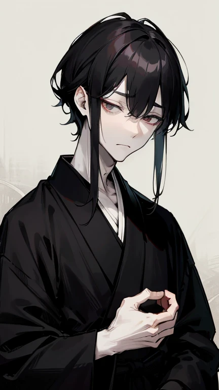 Black kimono from the Taisho period、(Pale-faced man)、(A sick and emaciated man)、Upper Body、Black Hair、Eyes closed