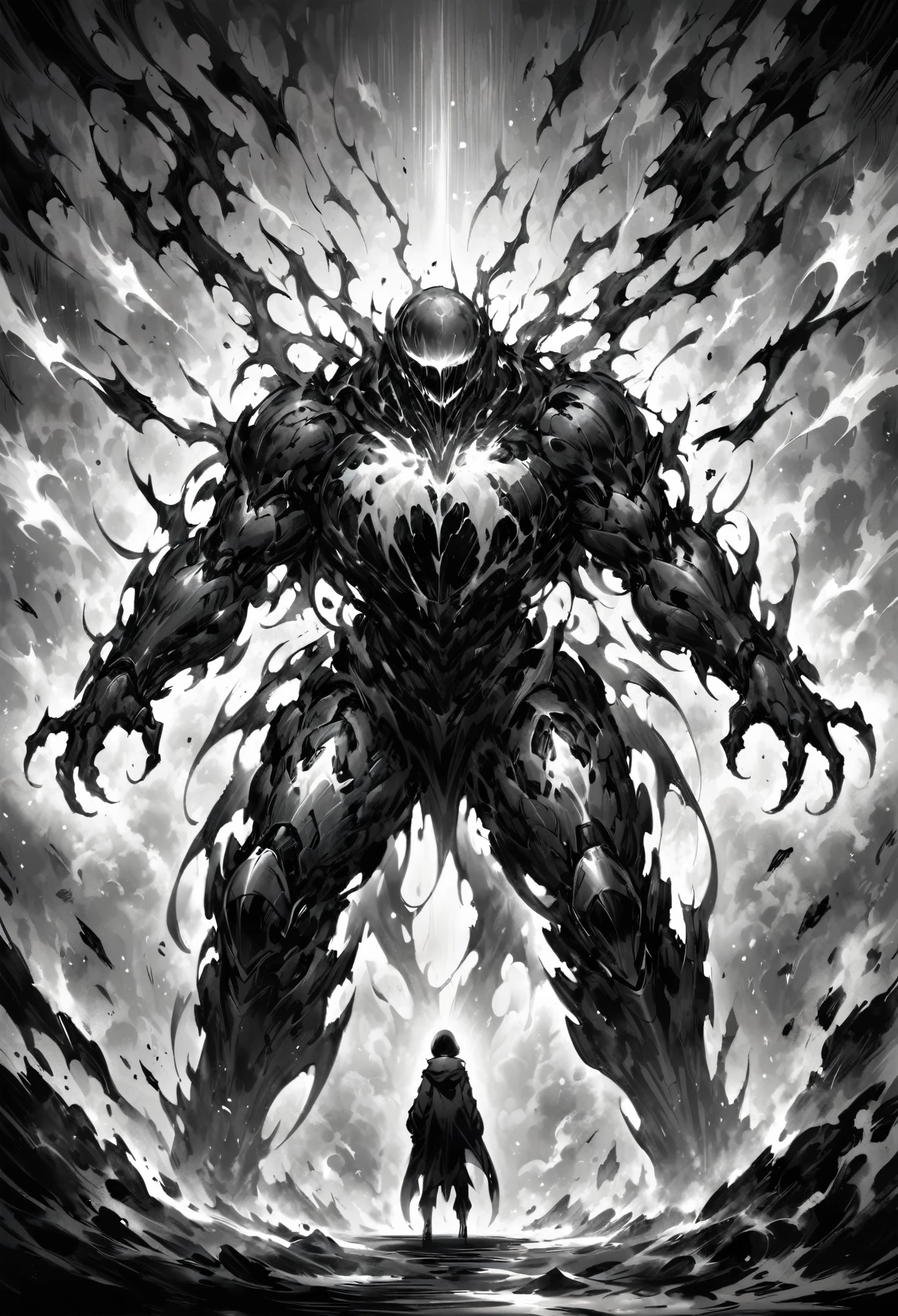 Black and white painting,Black and white color,Only black and white,monochrome,little girl,,huge,Strong,whole body