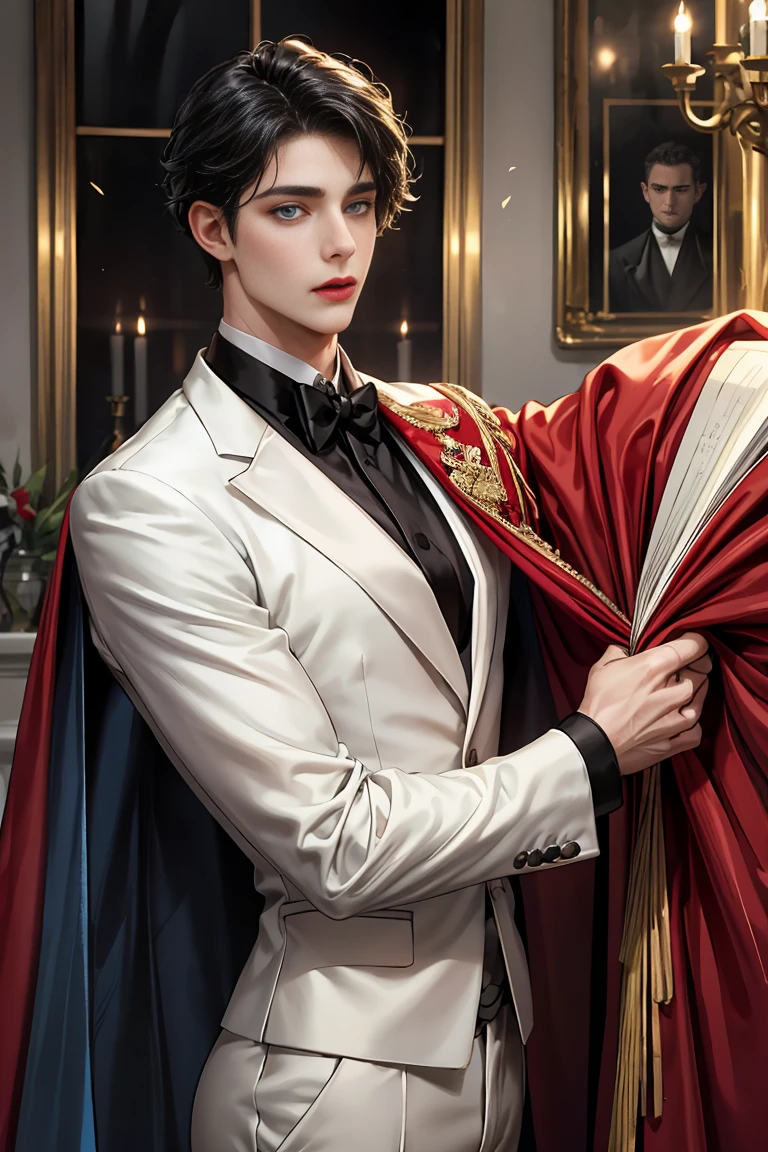 
masterpiece, 最high quality, high quality, 1 boy, alone, Male focus, Watching the audience,  Messy black hair, Adorable big blue eyes, White, Noble, Noble, Beautiful Vampire、Tuxedo、A very voluminous, large, very large, very large, long, long red and black cape with a high stand-up collar, made of a lot of fabric that reaches down to the floor., 17 years old,Cute beautiful boys,Cute, cute, kind, handsome guy