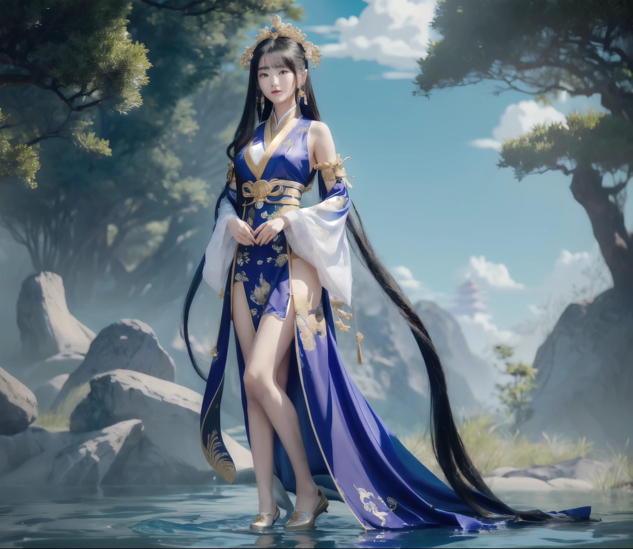 arafed image of a woman in a dress standing on a platform, full body xianxia, inspired by Pu Hua, lunar themed attire, queen of the sea mu yanling, ayaka genshin impact, xianxia hero, onmyoji detailed art, zhongli from genshin impact, gilded lotus princess, onmyoji, lady palutena