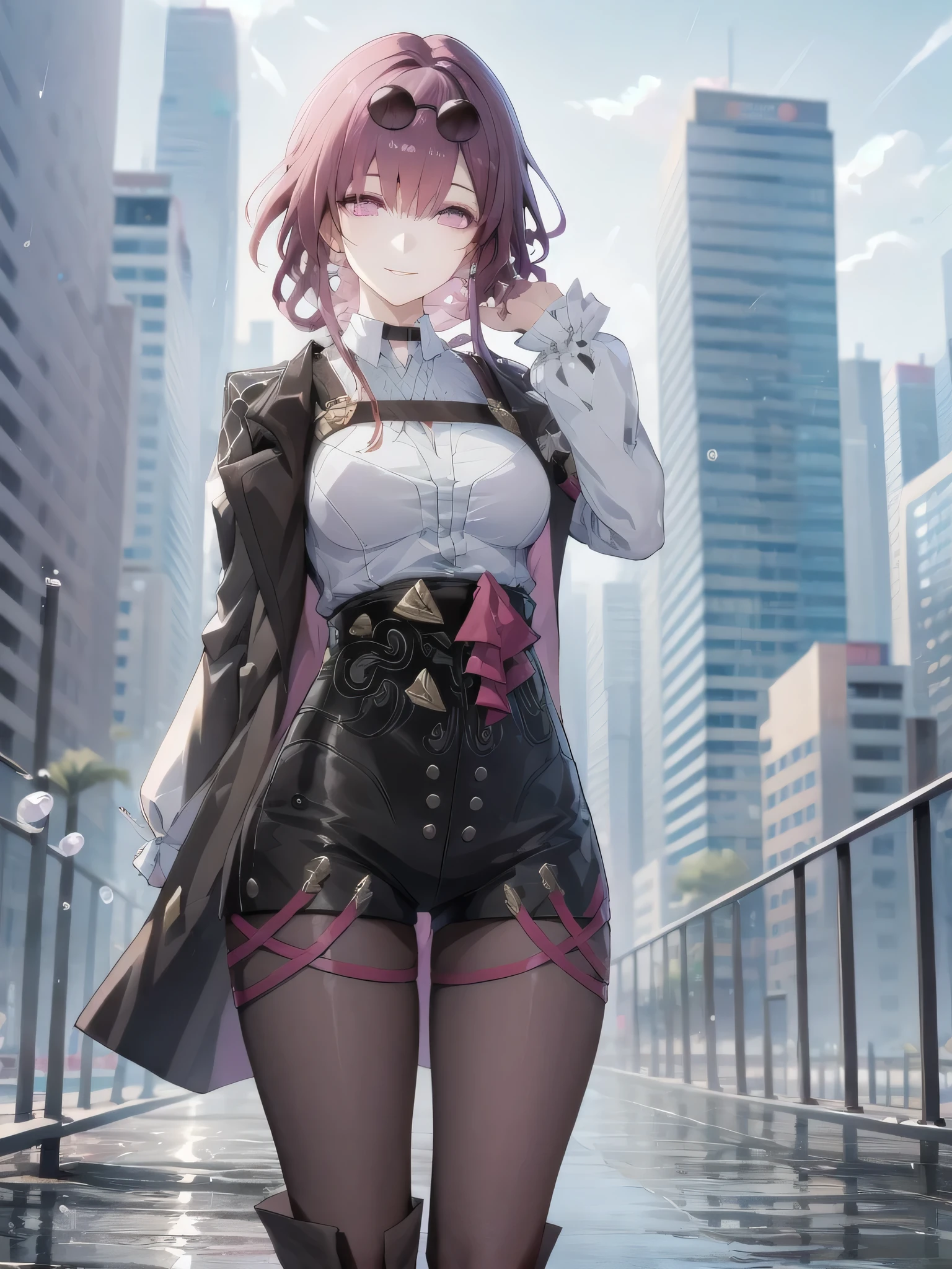 1girll， solo， a purple eye， glasses on head， black black jacket， lacepantyhose， white  shirt， City， natta， view over city， rain drops， Sateen， light_smile， looking at viewert， scenecy， （cowboy lens，The upper part of the body），