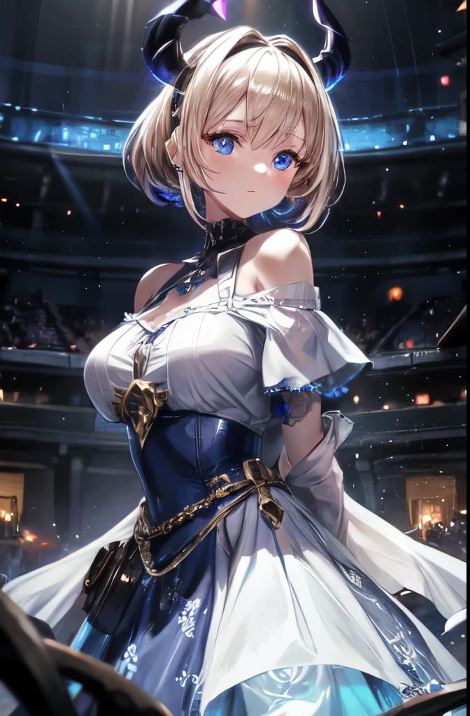 Blue glowing demonic eye、 Blonde Hairstyle Myriam Hair、 Off-the-shoulder blouse、BackgroundIlluminationLightCity