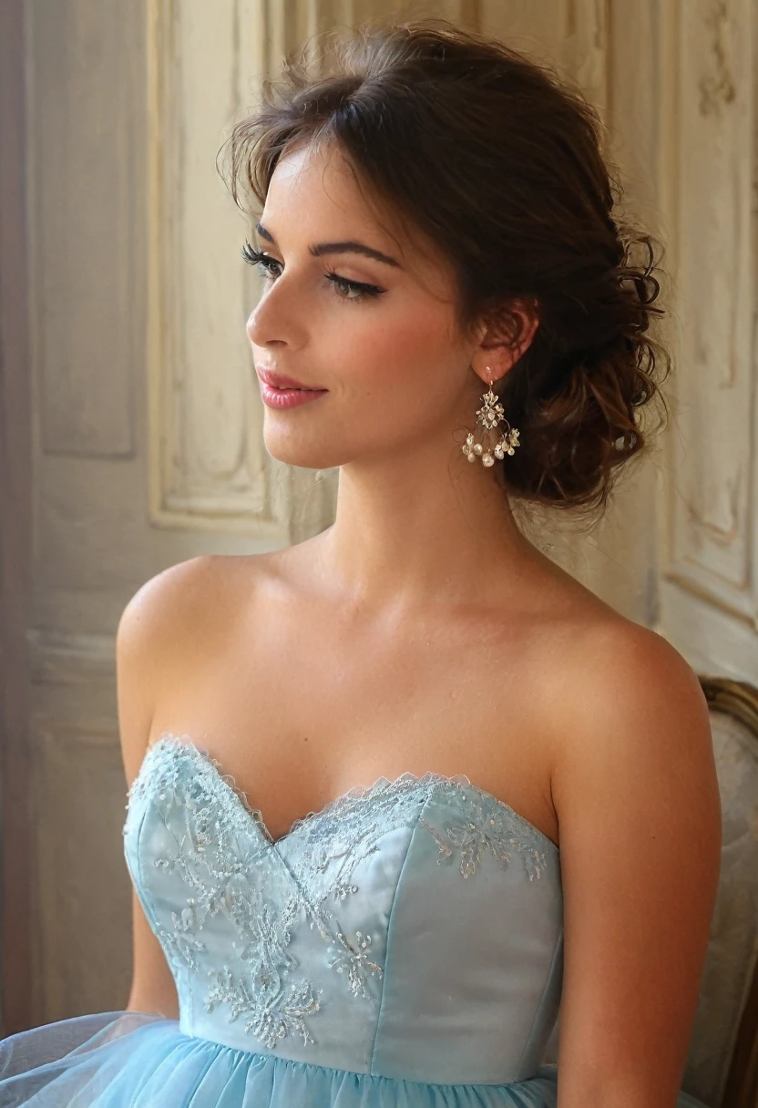 ((((Erotisch)))), (((innocent French woman, 26 Jahre alt))), (Best quality,4k,8k,highres,Meisterwerk:1.2),Ultra-detailliert,((sweet mischievous flirtatious)) Empire-Mikrokleid, European model, nicely printed, bilden, Lippenstift, ((kurze Haare)), BRECHEN, puff, kalt, tulle, petticoat, ambr1, bright light,
