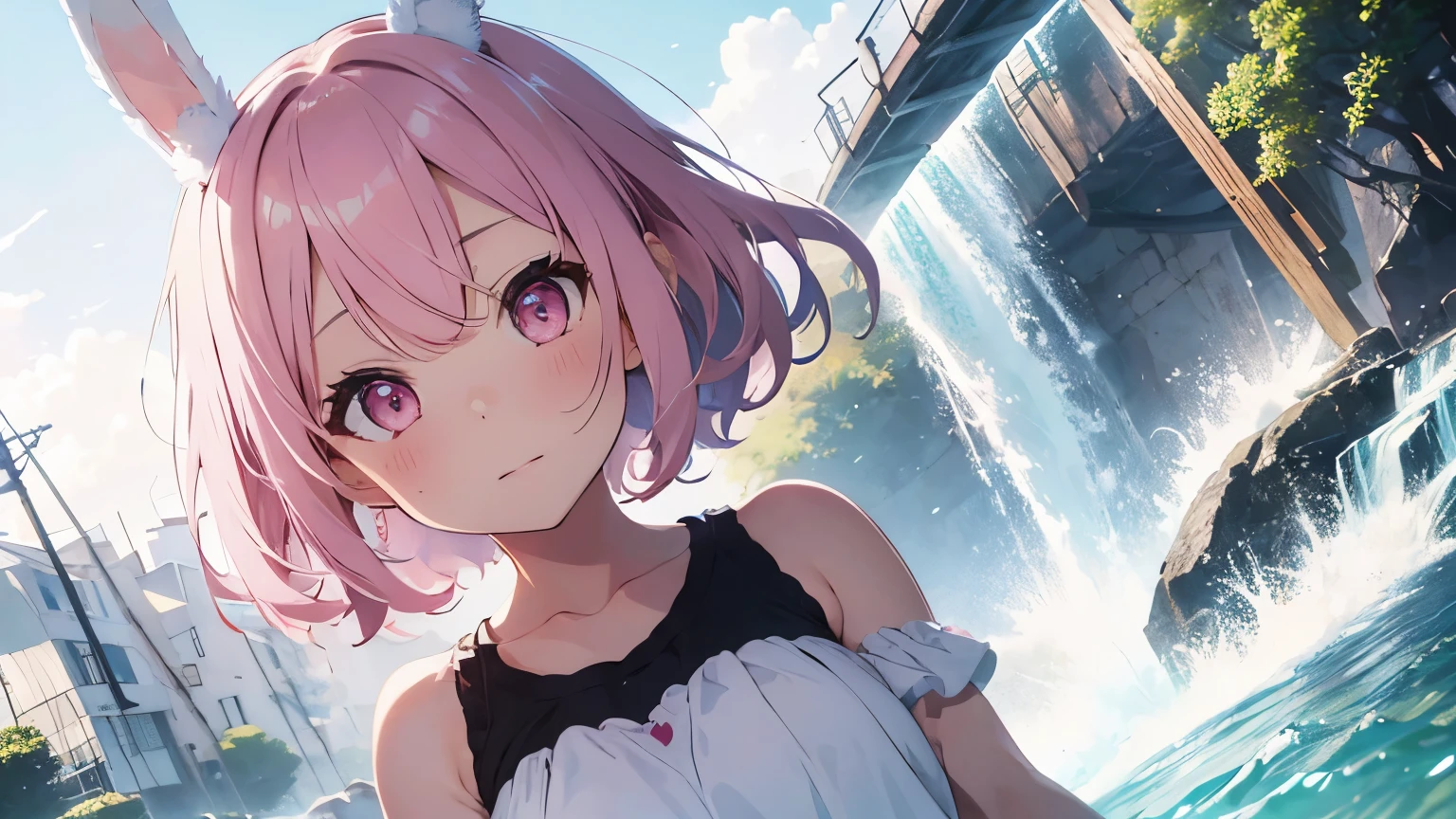 highest quality, pretty girl, pastel colour, Fluffy bunny ears, Pink short bob,Pale pink eyes,waterfall,cool