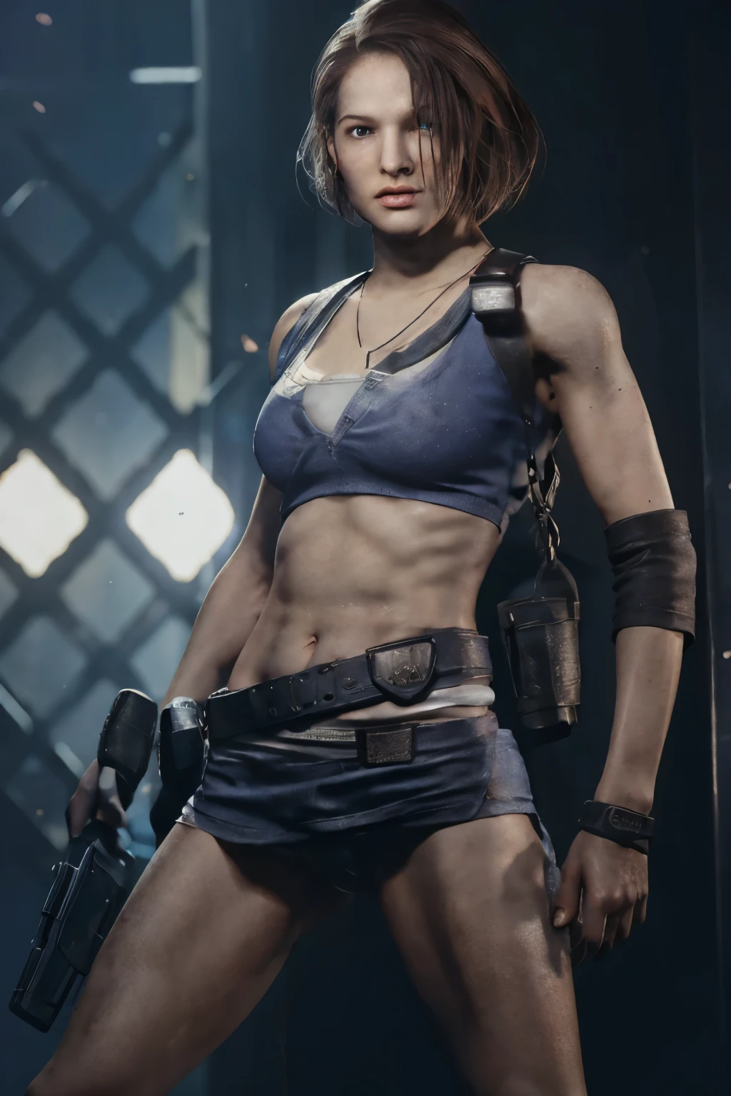Jill valentine fighting,crying Sienna Guillory,(open thighs),solo,(shoot from below), big breasts ,(white panties),(covered nipples),man spread,navy blue tight mini skirt,(up skirt),short hair, brown hair, blue eyes,