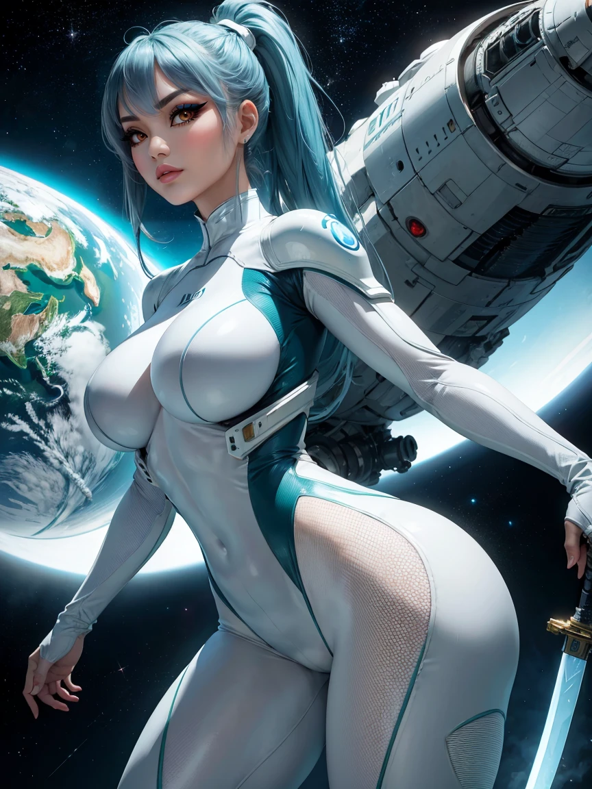 4K,hight resolution,thicc Asian Woman, light blue hair,ponytail.Green eyes,Colossal ,White Cybersuit,Bodysuits, (holding Longsword), spaceship at the background in the space