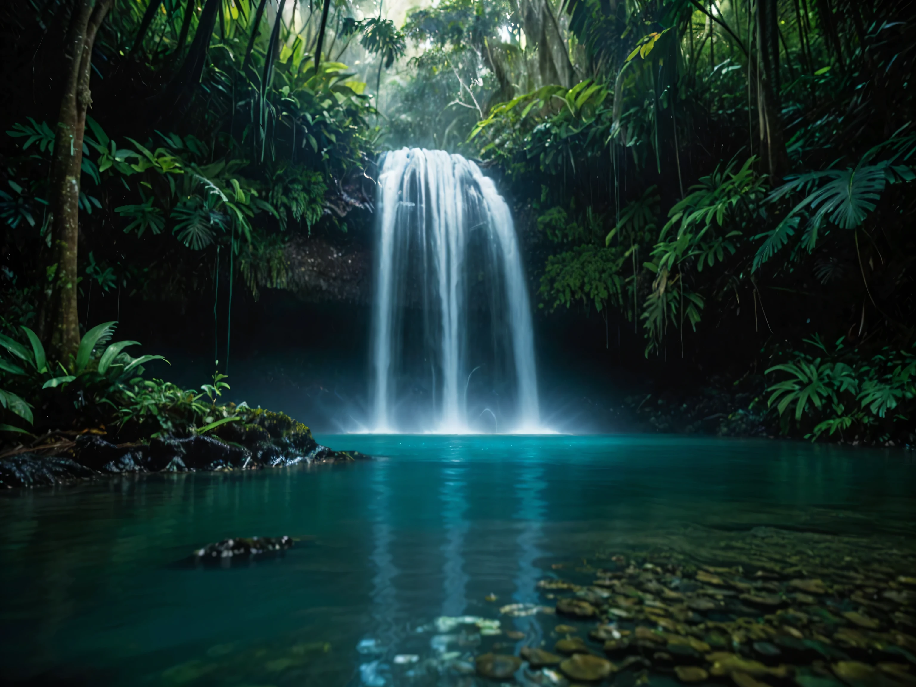 daintree national park from australia, welcome to paradise, a shiny bright purification waterfall that flows from a blue lagoon to cape tribulation's crystalline coral sea, rainforest rainfall, set in the jungle outdoors. komorebi and godrays. extreme detail, digital art, 4k, ultra hd, hyperrealism, trending on heaven.