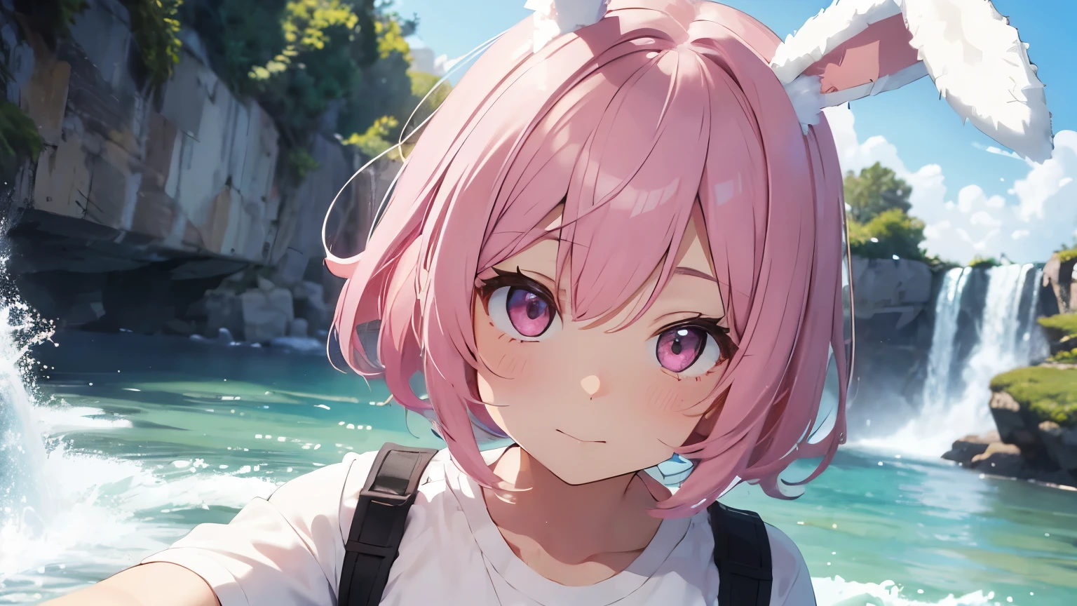 highest quality, pretty girl, pastel colour, Fluffy bunny ears, Pink short bob,Pale pink eyes,waterfall,cool