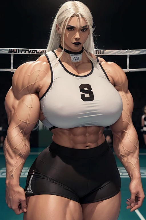 (((((Massive, tall, beautiful, light brown skinned, buff, muscular woman with white hair, black lipstick, ginormous bulky muscles and wearing a white volleyball Jersey and dolphin shorts))))), (close view), (massive muscle), massive biceps, hyper muscle shoulders, vascular shoulders, hyper muscle triceps, (long straight hair), blue eyes, (wristbands), choker, sneakers, (in a volleyball court), confident smile, night, hyper vascular arm, hyper muscles arms, hyper muscle legs, massive arms.