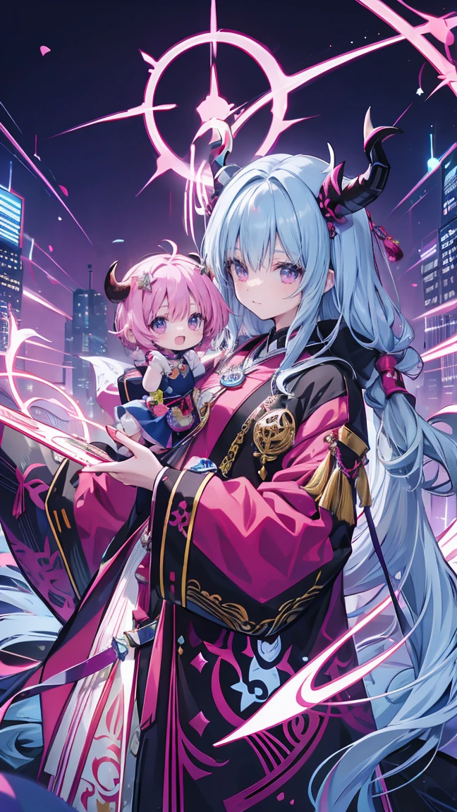 Japanese anime style.
Hong Kong cityscape at night.
A cute magical girl and a cool male demon king are enjoying the Parapara dance....
[Cute Magical Girl Special]
Long light green twin tails.
Beautiful hair accessories, but、Ugly but cute mascot characters also appear.
She has a shiny magic wand with a big jewel on it.
[Characteristics of a male demon king]
He is handsome, Mature men in their 30s.
The head has horns、Her hair is very long、It is reddish purple。.
He is wearing a cool long coat, It comes with something like a mascot character.....
Large bat-like wings growing from its back..
Next to him is a small, Cute dragon-like monster..