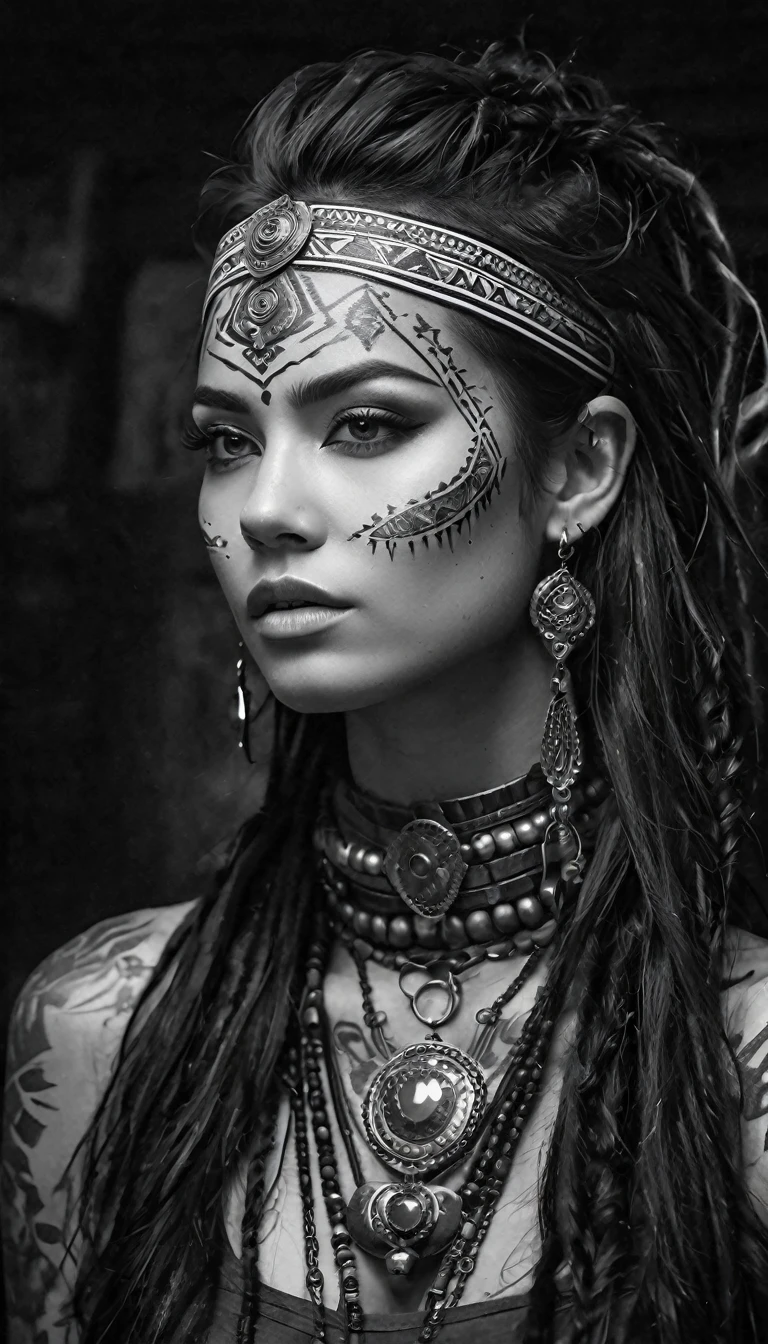 (monochrome:1.3), black and white photography, dark theme, (realistic, photo-realistic:1.37), (ohwx woman), woman with tribal tattoos on face and neck, realistic, cowboy shot, fantasy world, vibrant colors, dramatic lighting, oil painting style, mystical atmosphere, flowing hair, surreal landscapes, intricate details, ethereal beings, supernatural elements, ancient ruins, magical creatures