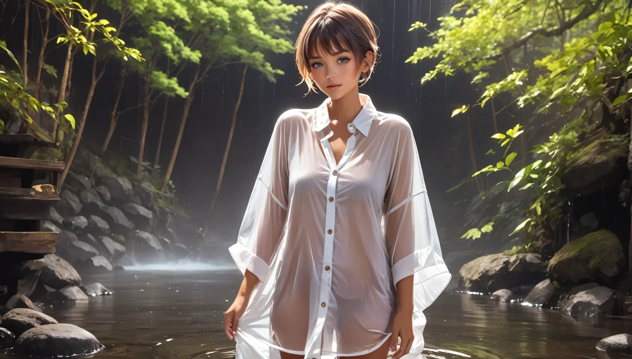 ((top-quality、in 8K、​masterpiece:1.3、Raw photo))、Super high quality photos, tropical jungle、Very beautiful Japan idols, Slim legs, Wear a see-through shirt, ((nipples are protruding))、((camel's toe)), The whole body is wet with sweat、Hair is also wet, Jungle background, Stick out the tongue, (Photorealistic: 1.4), (hyper realisitic: 1.4), (Realistic: 1.3), (Smooth lighting: 1.05), (Improved film illumination quality: 0. 9), 32K, 1 girl, 20yr old, (Quality Improvement: 1.4), (Realistic skin texture of the highest quality: 1.4), Narrow eyes, Narrow face, Fine eyes, (Strengthens the atmosphere of the body line: 1.1), (Beautiful skin texture enhancement: 1.1), Cinematic lighting、camel's toe、Pouring rain、the whole body is wet、Hair is also wet、(rainy wet、Wet in the rain、Wet body:1.2)、with spreading legs、camel's toe、A single vertical line cuts into the center of the panties、See-through pubic area、