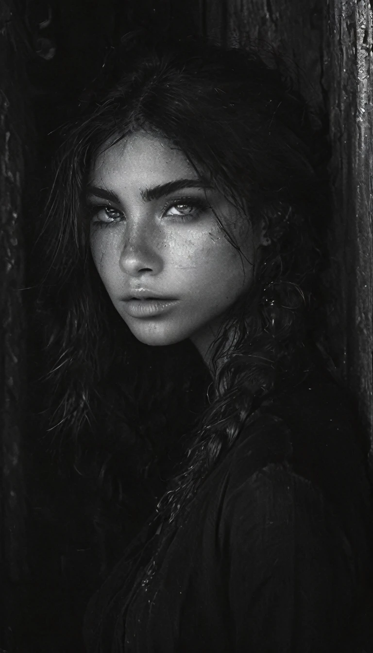 (monochrome:1.3), black and white photography, dark theme, (realistic, photo-realistic:1.37), (ohwx woman), jesica alba with tribal tattoos arms and neck, wearing a sleeveless sweatshirtrealistic, cowboy shot, fantasy world, dark colors, dramatic lighting, oil painting style, mystical atmosphere, flowing hair, surreal landscapes, intricate details, ethereal beings, supernatural elements, ancient ruins, magical creatures