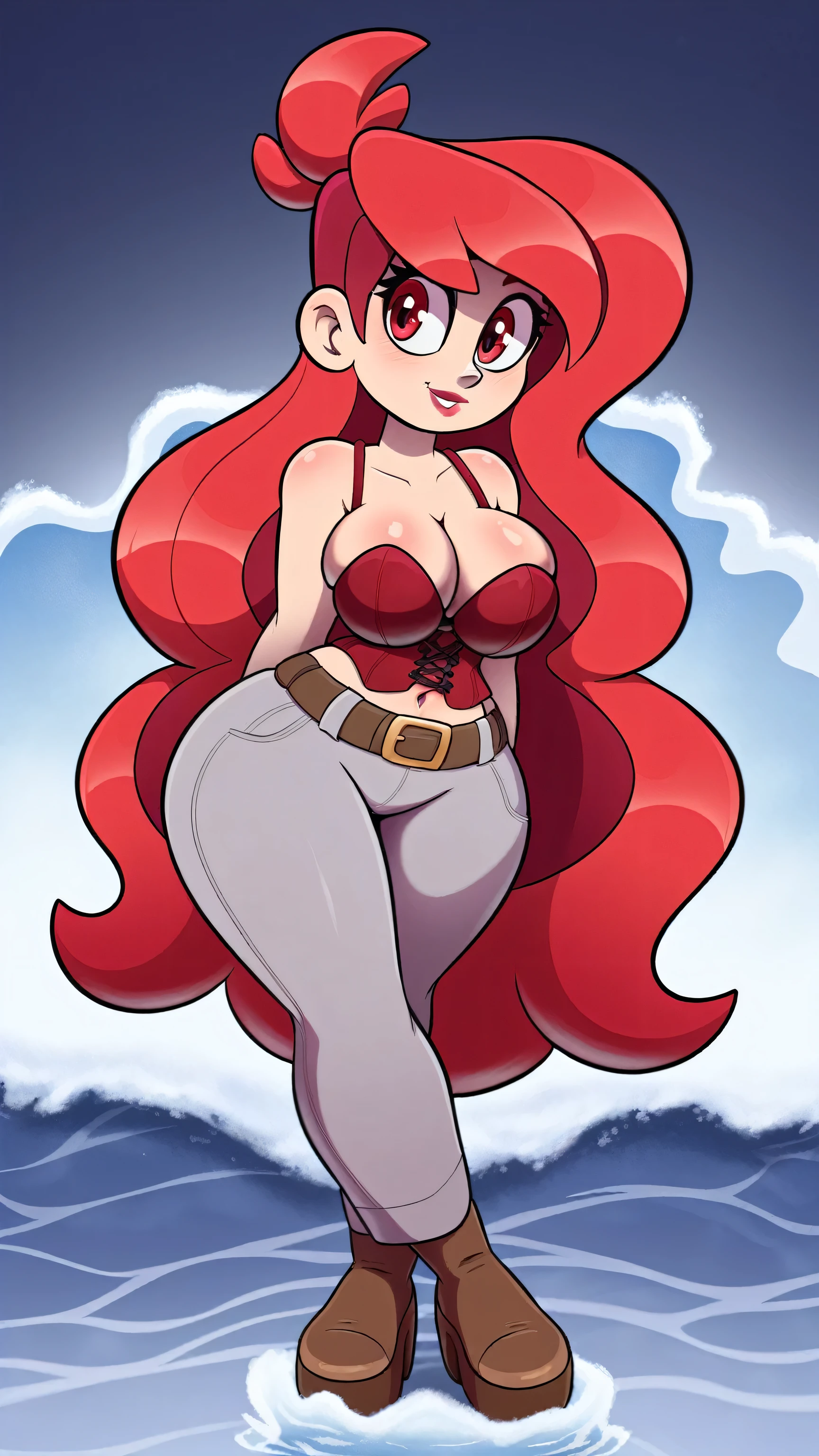 A tall woman big sexy cool waves tenderness cute strength big breast long bright red hair wavy her light red eye medium eyelash black pink lip she dresses red corset bra shows navel and her light gray pants wearing big belt thigh sensual sexy brown shoe black