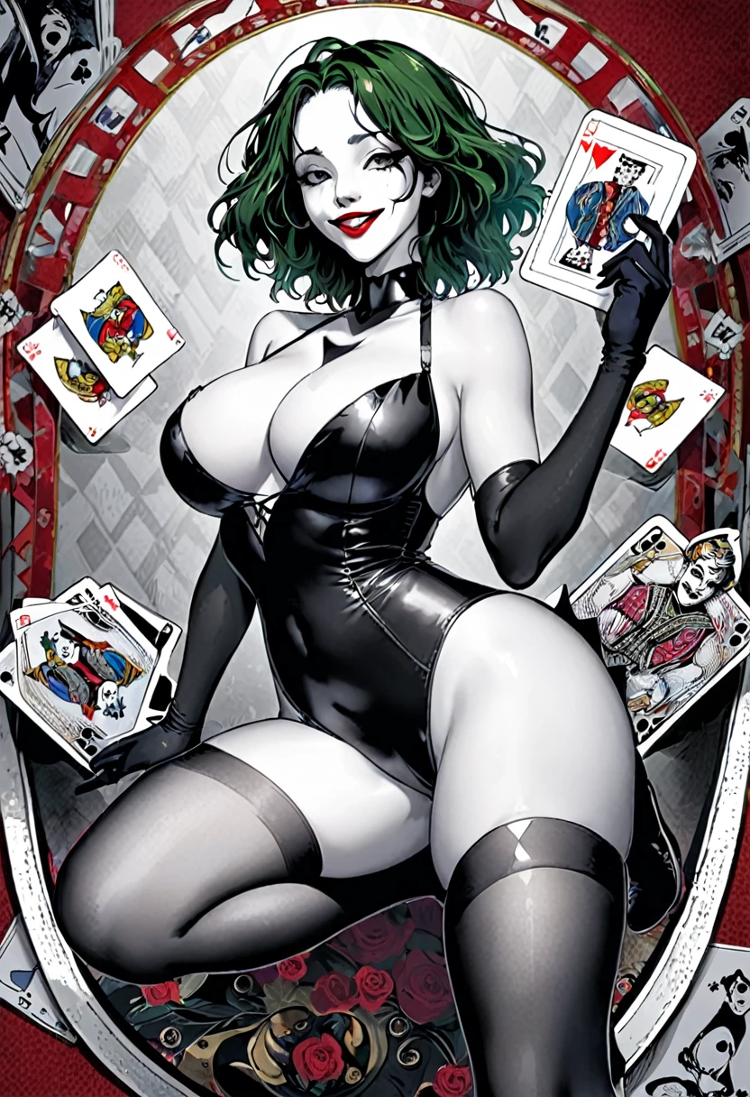 Joker design of playing cards、((Black and White))、Insert the word joker、(buffoon、Beautiful woman、Ideal proportions、Big Breasts)、