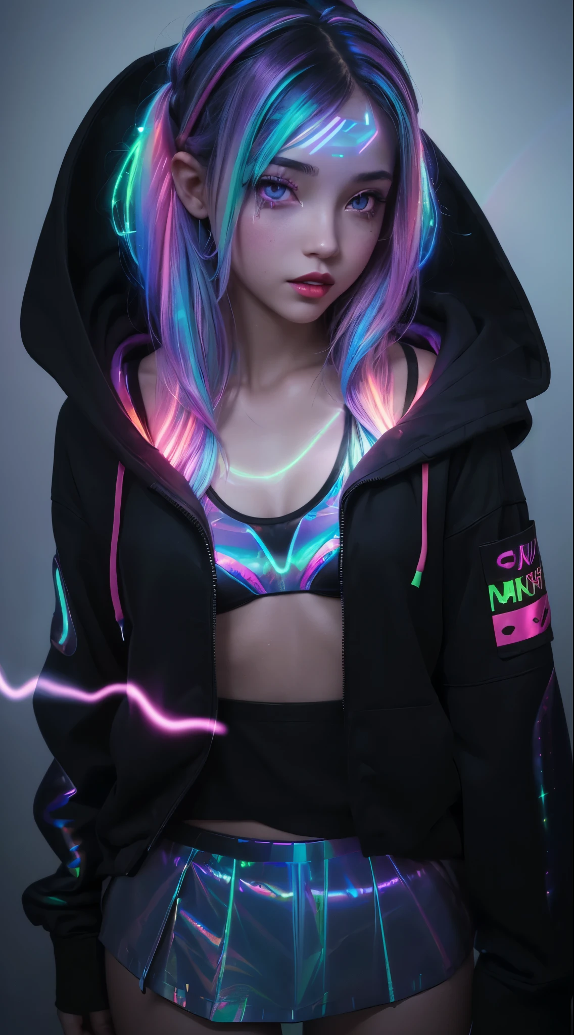 Illustration of a girl in a hoodie, ((((emitting colorful light)))), 1girl, solo, mole, hair over one eye, black hair, mole under eye, lips, realistic, red lips, looking at viewer, teeth, grey background, black eyes, large breasts, tank top, sports bra, mini skirt, panties, Anime girl with glowing, rainbow-colored hair, ((((ethereal light effects)))), ((((Digital art of a girl with holographic light around her)))), ((((Fantasy character with vibrant, glowing aura and streetwear))))