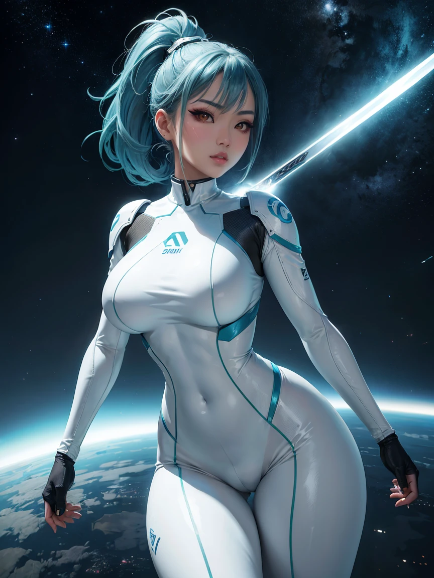 4K,hight resolution,thicc Asian Woman, light blue hair,ponytail.Green eyes,Colossal ,White Cybersuit,Bodysuits, (holding Longsword), spaceship at the background in the space