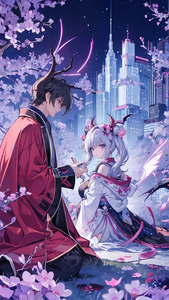 Japanese anime style.
Hong Kong cityscape at night.
A cute magical girl and a cool male demon king are enjoying the Parapara dance...
[Cute Magical Girl Special]
Long light green twin tails.
Beautiful hair accessories, but、Ugly but cute mascot characters also appear.
She has a shiny magic wand with a big jewel on it.
[Characteristics of a male demon king]
He is handsome, Mature men in their 30s.
The head has horns、Her hair is very long、It is reddish purple。.
He is wearing a cool long coat, It comes with something like a mascot character....
Large bat-like wings growing from its back..
Next to him is a small, Cute dragon-like monster..