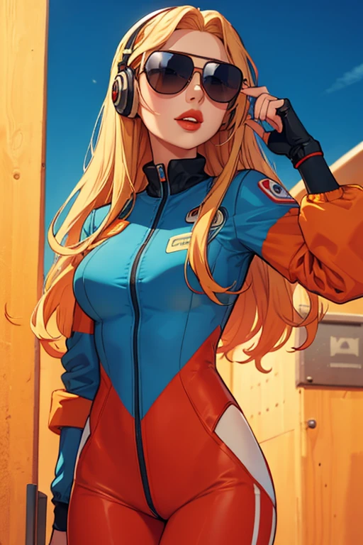 Girl with long blonde hair, red lips, wearing a tight light blue and orange pilot suit, headphones, sunglasses