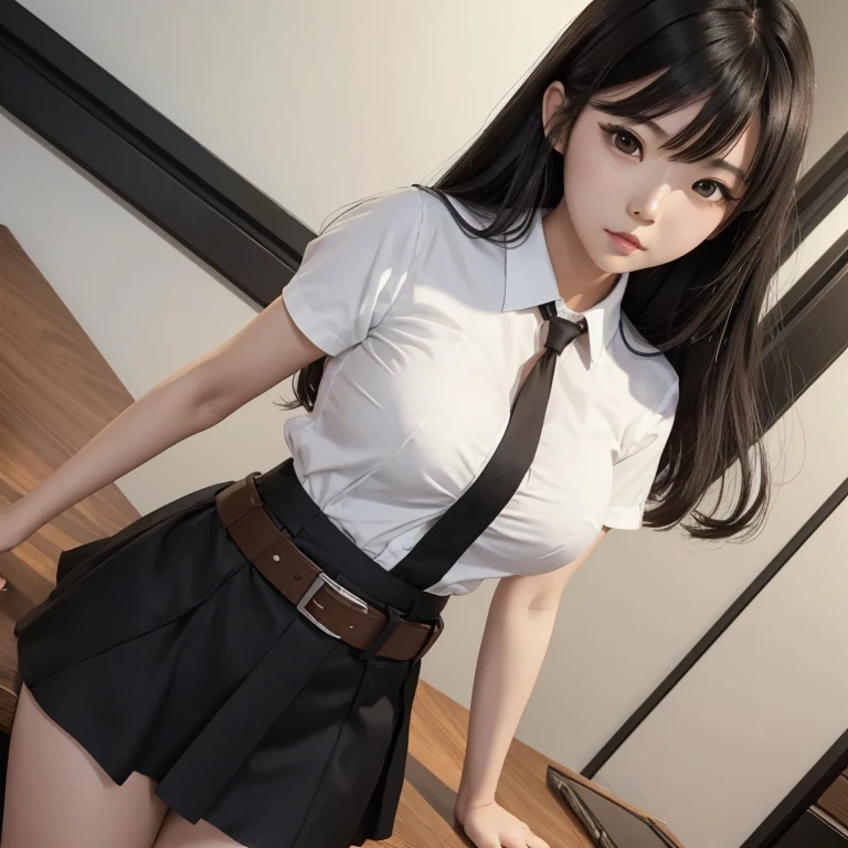 Young Asian girl with busty breasts wears a white short-sleeved shirt, a tight black short skirt and a brown belt, anime style.