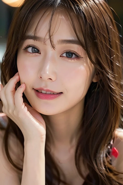 (RAW Photos, highest quality), (Realistic, Photorealistic:1.3), masterpiece, Very delicate and beautiful, Soft night light, (Brown Hair, Long Hair, bangs), Beautiful detailed girl, (Detailed fingers), Highly detailed eyes and face, Beautifully detailed nose, Beautiful fine details, 1 girl, Japanese, Pure beauty, cute, young, smile, No clothes, (Large Breasts), Realistic face, Realistic body, whole body, naked, big breast, Firm stomach, The background is a hot spring at night