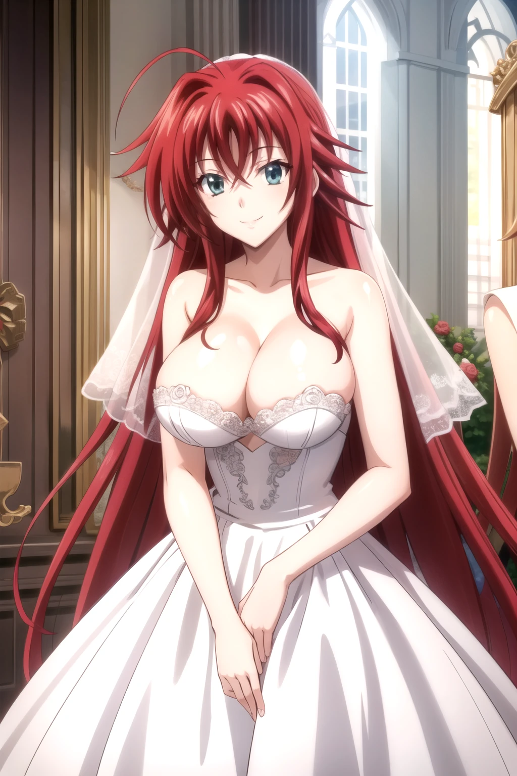 This is_DXD_Rias, 1 Girl, Rias gremory, long hair, Solitary, Ahog, Red hair, , breast, Hair between the eyes, very long hair, large breast, Green Eyes, permanent, Shut up, Bangs, blue eyes, huge Ahog, Side lock, wedding dress, bride, smile