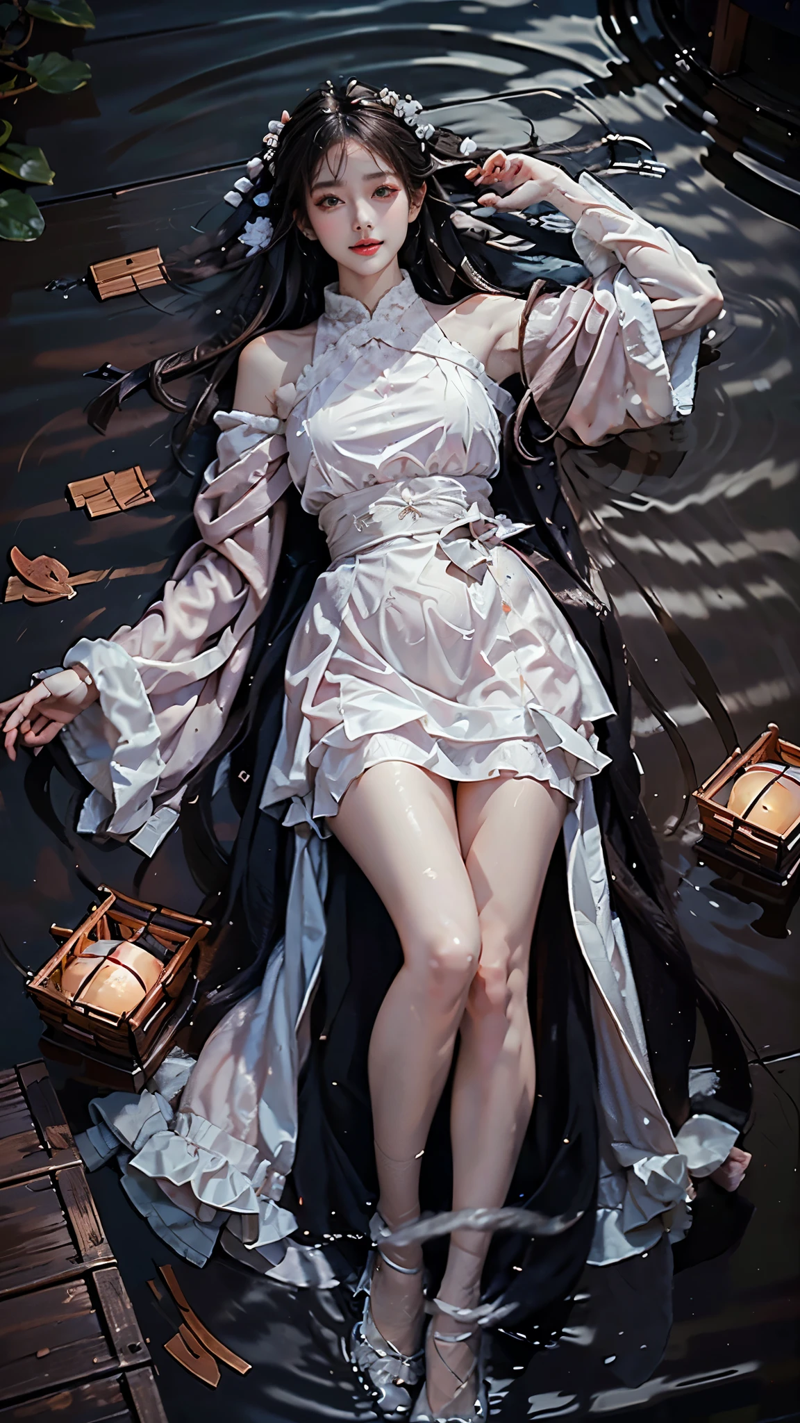 cns attire, cyb dress, chinese clothes, long sleeves, wide sleeves, ((Aerial View)), ((Bare shoulders)), ((The skirt is short)), A very beautiful woman, Plump and slim woman, correct limbs, Right hand, in the darkness, ((float的,water,float)), ((lying down)), ((躺在池塘里玩water)), night, night view, moonlight, quaint buildings, bamboo huts, plant, The whole body is soaked, Wet hair, Sexy legs,  Pretty Face, masterpiece, original photo, best quality, detail, lifelike, Very detailed, Official Art, (extremely beautiful face, Beautiful lips, What beautiful big eyes!), detail的脸, Full breasts, Split, Slender sexy legs, 腿漏water, Very beautiful legs, Sexy pose, grace, A big smile, Show off your exquisite figure and graceful curves, Ray Tracing