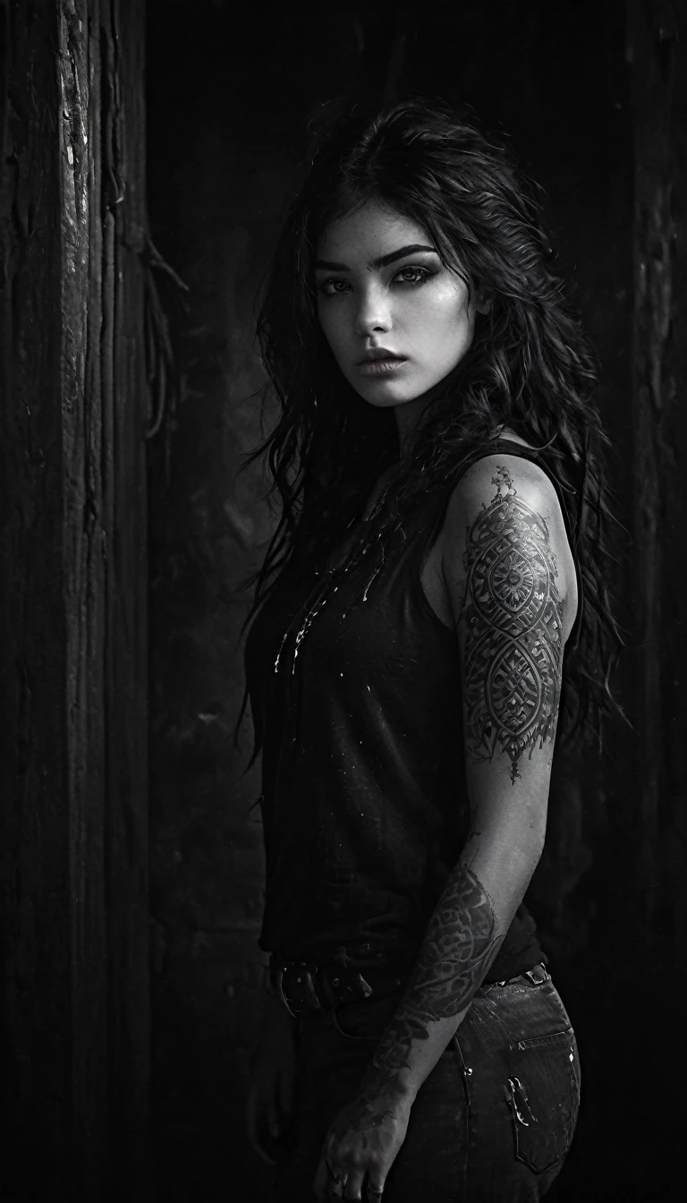(monochrome:1.3), black and white photography, dark theme, (realistic, photo-realistic:1.37), woman with tribal tattoos on arms and neck, wearing a sleeveless sweatshirtrealistic, cowboy shot, fantasy world, dark colors, dramatic lighting, oil painting style, mystical atmosphere, flowing hair, surreal landscapes, intricate details, ethereal beings, supernatural elements, ancient ruins, magical creatures