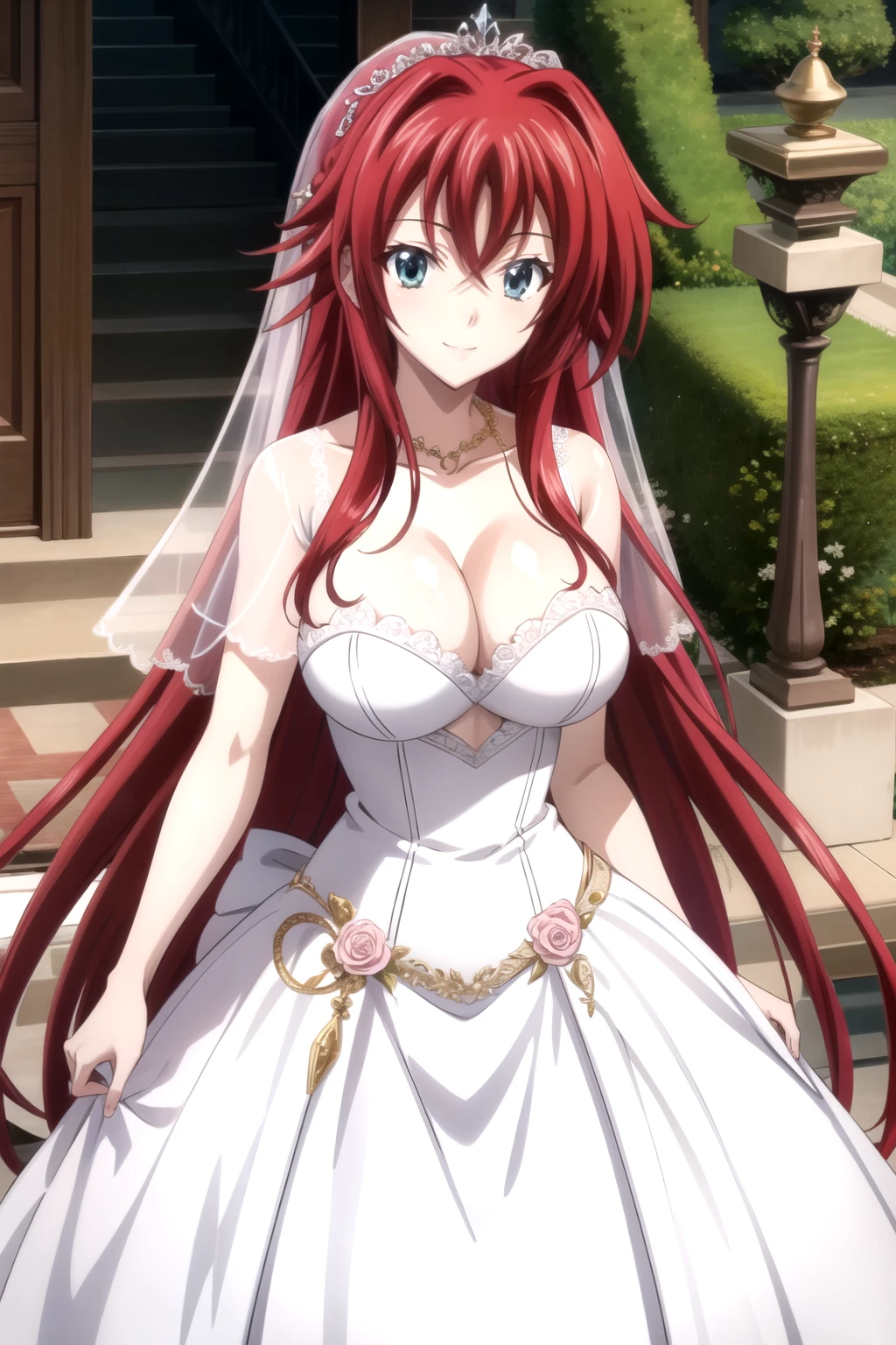 This is_DXD_Rias, 1 Girl, Rias gremory, long hair, Solitary, Ahog, Red hair, , breast, Hair between the eyes, very long hair, large breast, Green Eyes, permanent, Shut up, Bangs, blue eyes, huge Ahog, Side lock, wedding dress, bride, smile