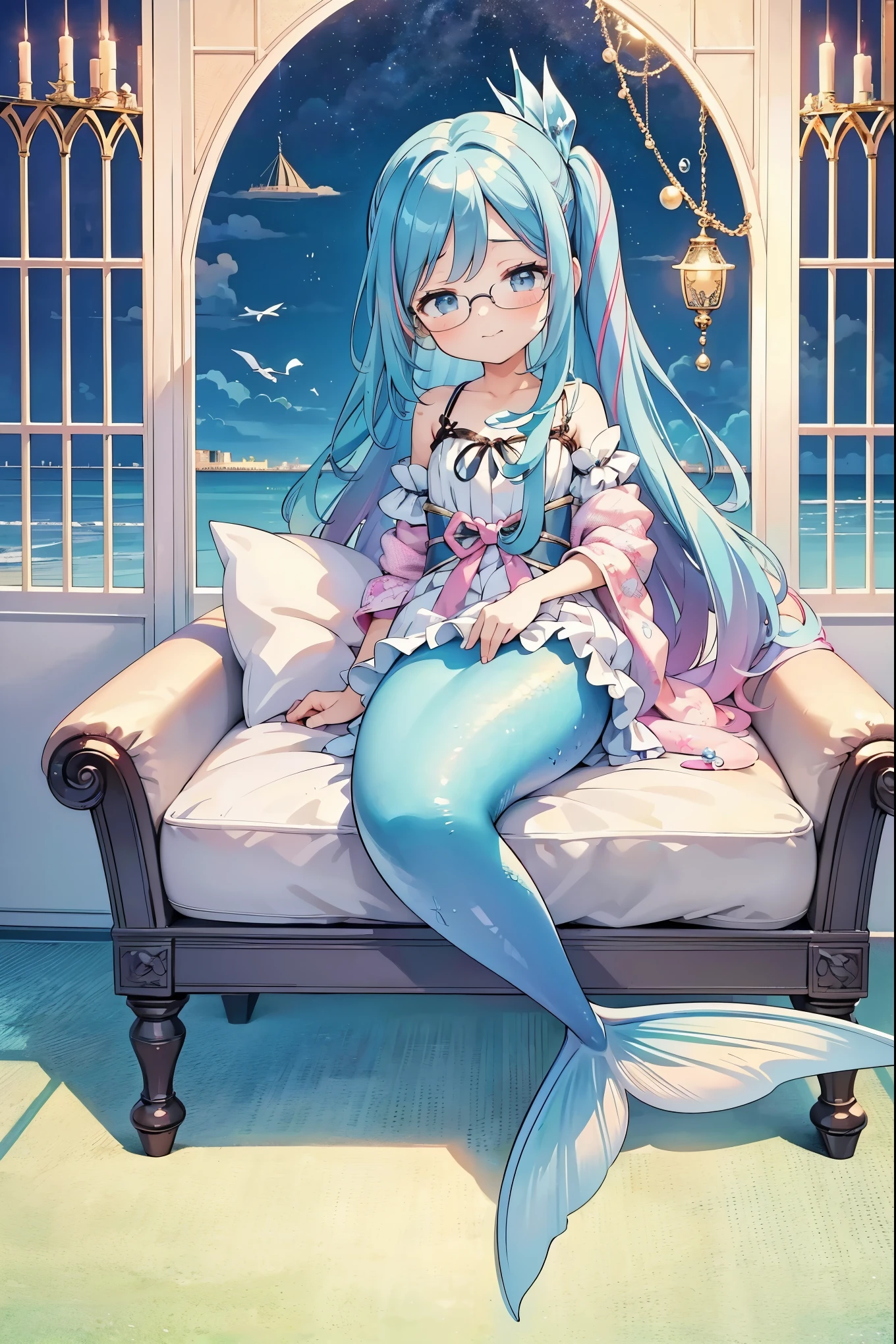 masterpiece, best quality,Mermaid,A girl,solo,蓝色的Mermaid尾巴,Glasses,charming脸, Oval face(Kawaii, charming,Soft),full-body shot,Sitting on the sofa,bedroom,sea view outside the window,