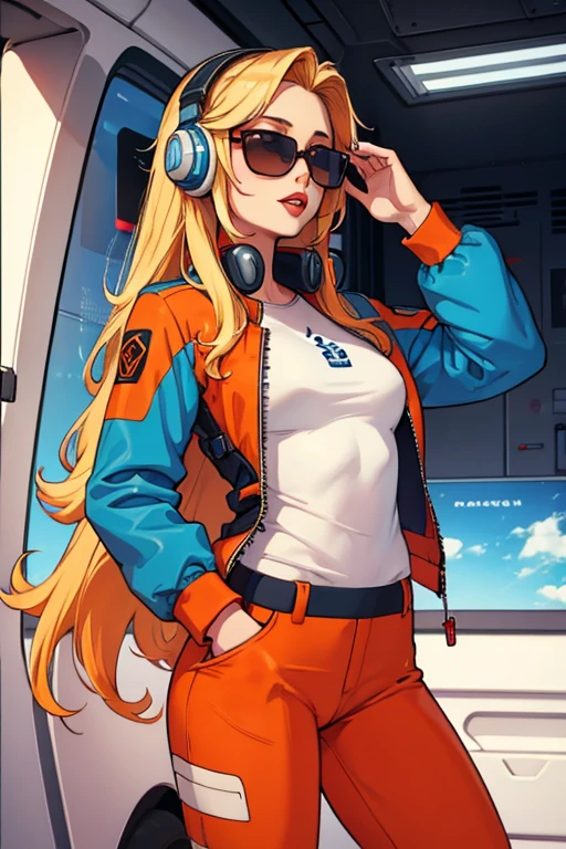 Girl with long blonde hair, red lips, wearing a tight light blue and orange pilot suit, headphones, sunglasses