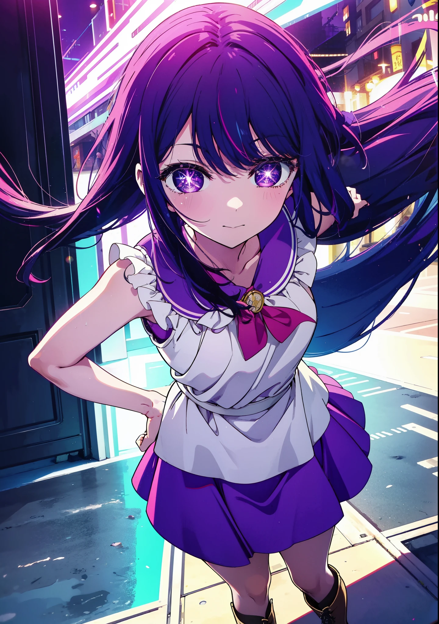 aihoshino, Ai Hoshino, Long Hair, bangs, (Purple eyes:1.1), Purple Hair, (Symbol-shaped pupil:1.5), smile,Medium chest,happy smile, smile, Close your mouth,Hunting Hat,Purple sleeveless dress,Purple mini skirt,Black knee socks,short boots,
Place your right hand on your hip,Looking up from below,whole bodyがイラストに入るように,
break outdoors, In town,ビル街
break looking at viewer, whole body, (Cowboy Shot:1. 5)
break (masterpiece:1.2), highest quality, High resolution, unity 8k wallpaper, (figure:0.8), (Beautiful fine details:1.6), Highly detailed face, Perfect lighting, Highly detailed CG, (Perfect hands, Perfect Anatomy),