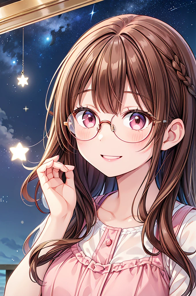 masterpiece、High resolution、High resolution、High resolution、1 female、(Close-up of a woman)、((Depiction of only the upper body))、((Brown Hair、Random hairstyle))、((Round frame glasses))、Pink lip gloss、Cute summer clothes、A kind smile、Smiling with teeth showing、((Starry Sky))、