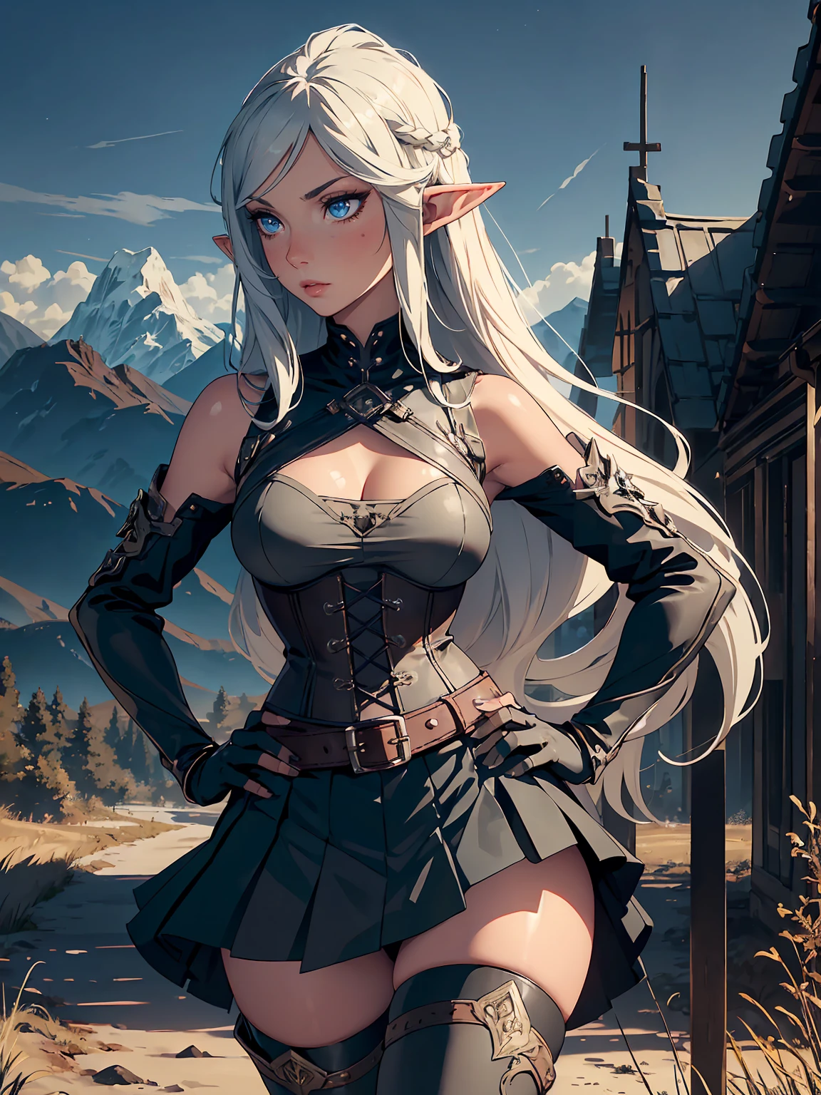 masterpiece, high quality, 1_woman, ((upper body)), ((hand on hip)), standing, (exotic skin_complexion:1.4), mature, (looking away from the viewer), (BLUSHING face), tall, beautiful, exotic, with long elf ears, long hair, silver hair, detailed face, having diamond shaped eyes, blue eyes, (dark_eyeliner), long_eyelashes medium_bust, wearing fantasy corset, chest window, (black skirts), crossing belts, long fingerless_gloves, belts with metal gears, black thigh highs with embroidery, knee boots with laces, dynamic lighting casts detailed shadows, mountains in distance, walking path, grassy field, night sky, stars,