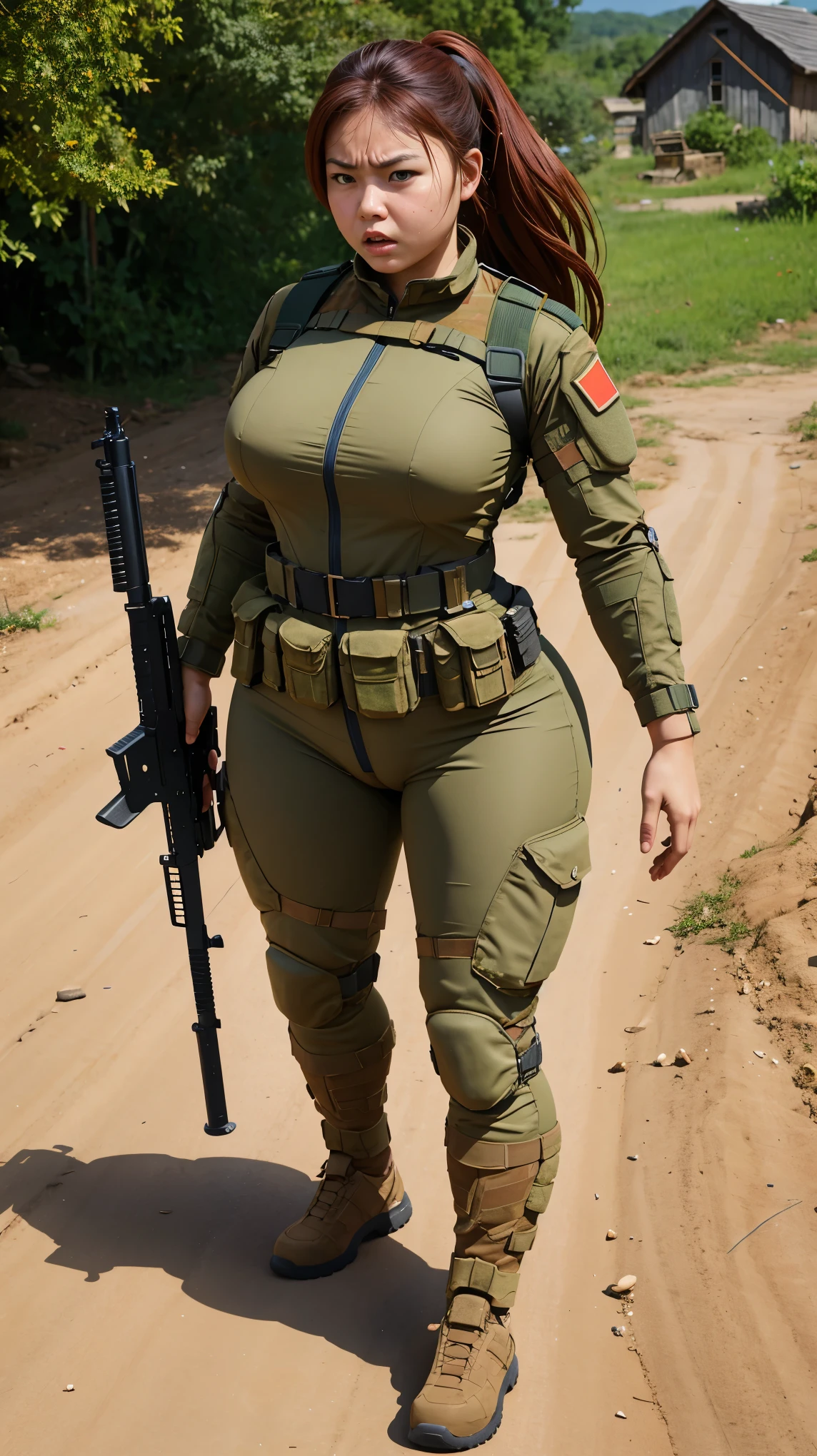 Soldier woman visits poor village ,angry face, curvy , very detail, loong legs ,thick high, full body in camera, wearing soldier costume, bring gun