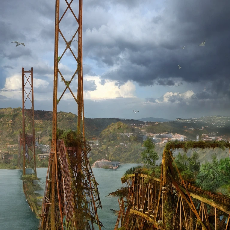 There is a photo of a bridge, that leads over a body of water, “Pintura Matte Paintinatte”, pintura fosca muito detalhada, pintura fosca elaborada, Pintura fosca 3D hiperdetalhada, Pintura 3D fosca hiperdetalhada, uma pintura fosca detalhada, Pintura fosca fotorrealista, Pintura fosca renderizada em 3D, Post-Apocalyptic Theme Park, elaborado acabamento fosco, pintura fosca incrivelmente detalhada