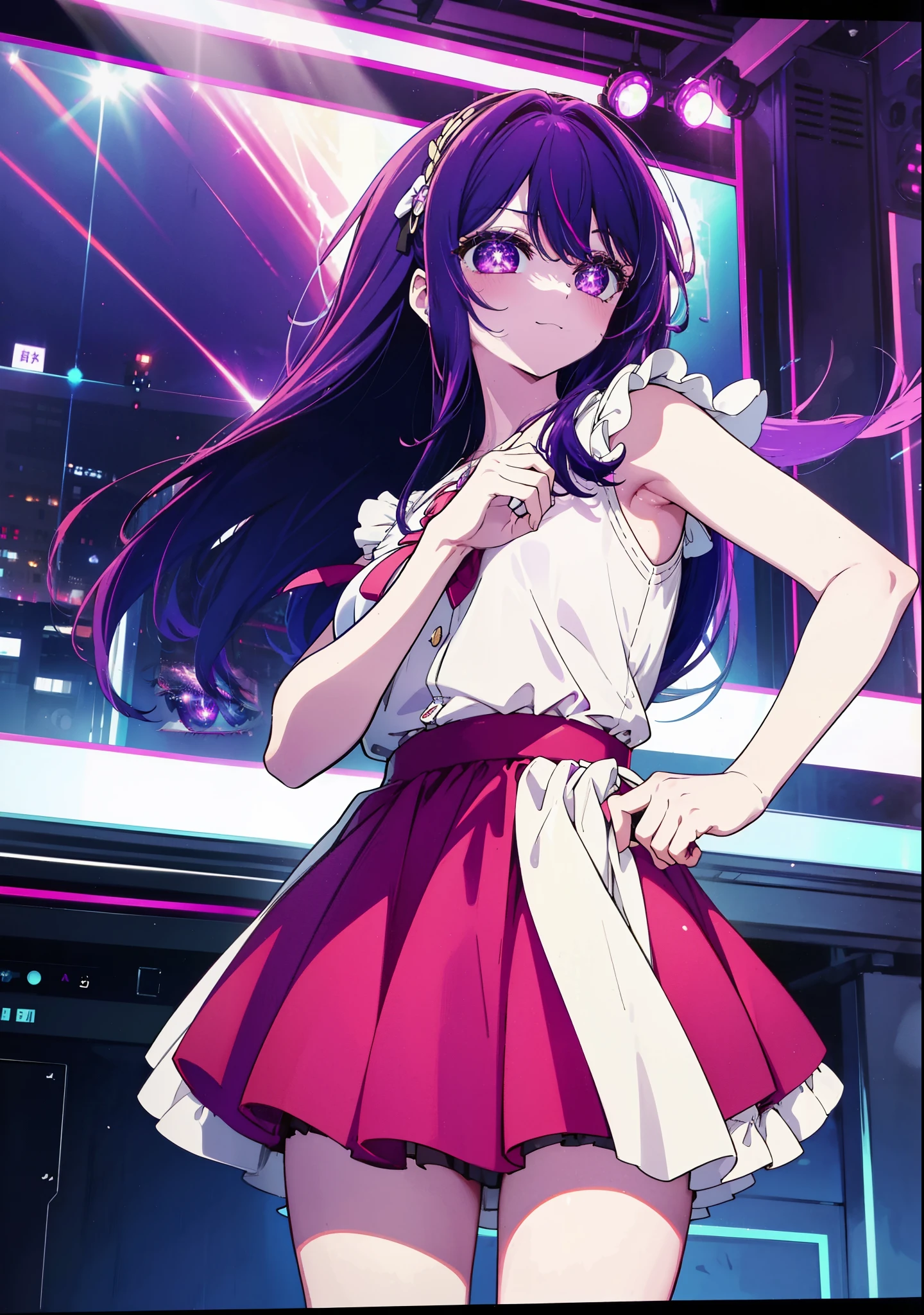 aihoshino, Ai Hoshino, Long Hair, bangs, (Purple eyes:1.1), Purple Hair, (Symbol-shaped pupil:1.5), smile,Medium chest,happy smile, smile, Close your mouth,Hunting Hat,Purple sleeveless dress,Purple mini skirt,Black knee socks,short boots,
Place your right hand on your hip,Looking up from below,whole bodyがイラストに入るように,
break outdoors, In town,ビル街
break looking at viewer, whole body, (Cowboy Shot:1. 5)
break (masterpiece:1.2), highest quality, High resolution, unity 8k wallpaper, (figure:0.8), (Beautiful fine details:1.6), Highly detailed face, Perfect lighting, Highly detailed CG, (Perfect hands, Perfect Anatomy),