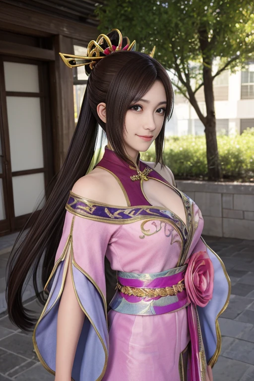 Diaochan from Sangoku Musou 8,超reality的な,hair ornaments,The perfect Diao Chan costume,Twin Tail Star Piece、1 cute girl、17-year-old high school student、smile,Fine Eyes、Puffy eyes、Bright outdoors,Bright downtown、highest quality, 超High resolution, (reality: 1.4), Cinema Lighting、Japanese、Asian Beauty、Korean、so beautiful、Beautiful Skin、Body facing forward、whole body,Upper Body、(超reality的な)、(High resolution)、(8k)、(Very detailed)、(美しくFine Eyes)、(Very detailed)、 (wall-)、Detailed face、Bright lighting、Professional Lighting、Looking at the audience、Look straight ahead、Diagonal bangs、Brown Hair、Nogizaka Idol、