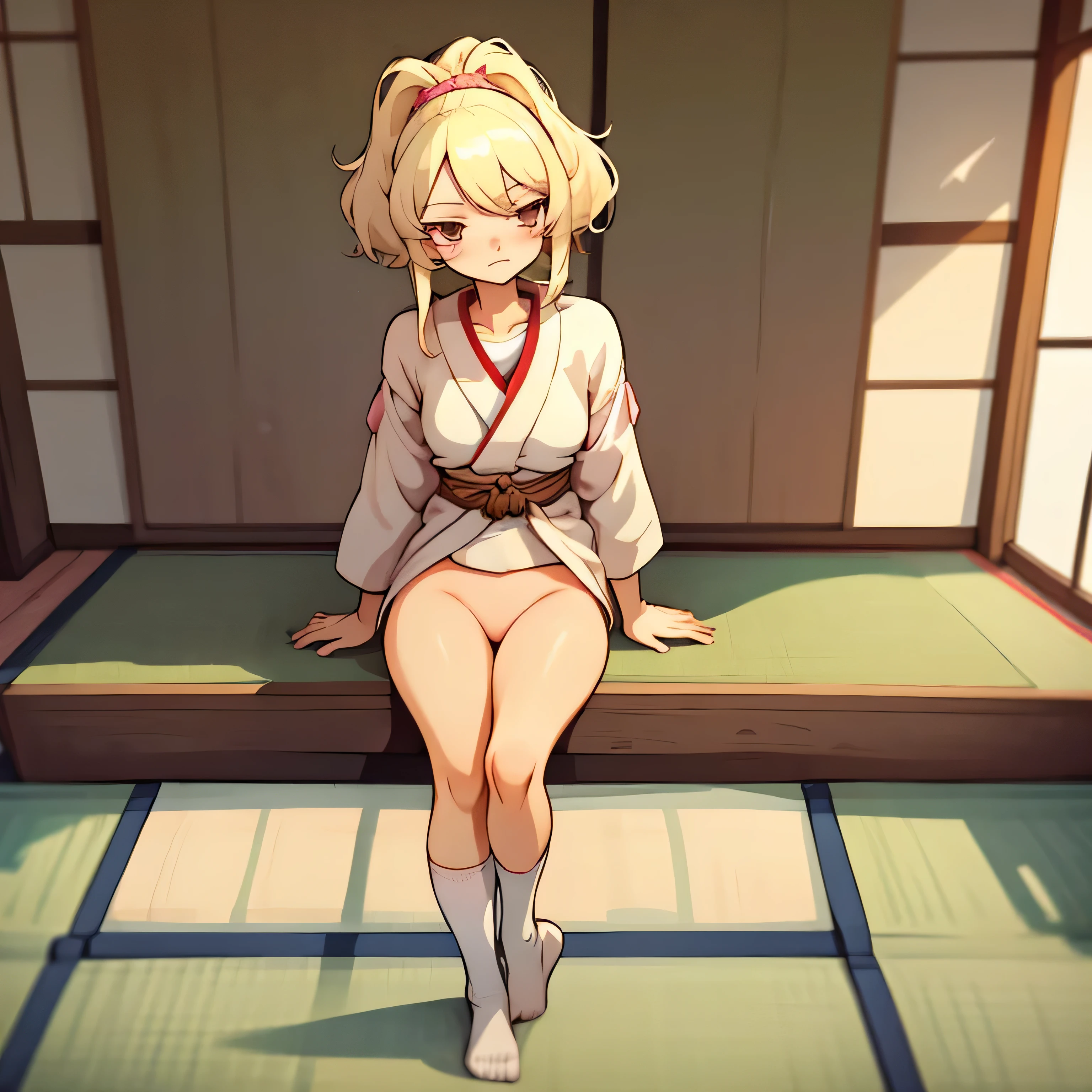 A blonde-haired caucasian queen without panties is standing in a Japanese-style school with tatami mats. no panties, high-socks, reality, masterpieces, cute, beautiful, slender, knee-high socks, Emotionless look on her face, pink panties