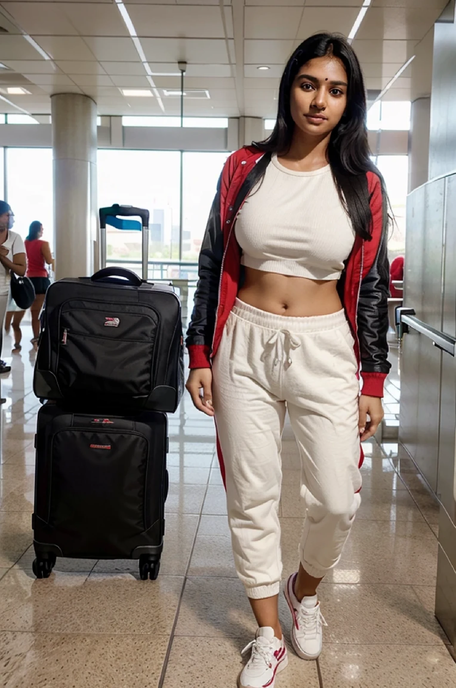 Full portrait of a female, Indian south asian, young adult, well rested face, excited expression, 23 year old, normal body, buxom, straight black hair, Standing, wearing red and white tracksuite, sneakers, Airport, suite case, cinamatic, Cinamatic lighting, UHD, realistic photo, 