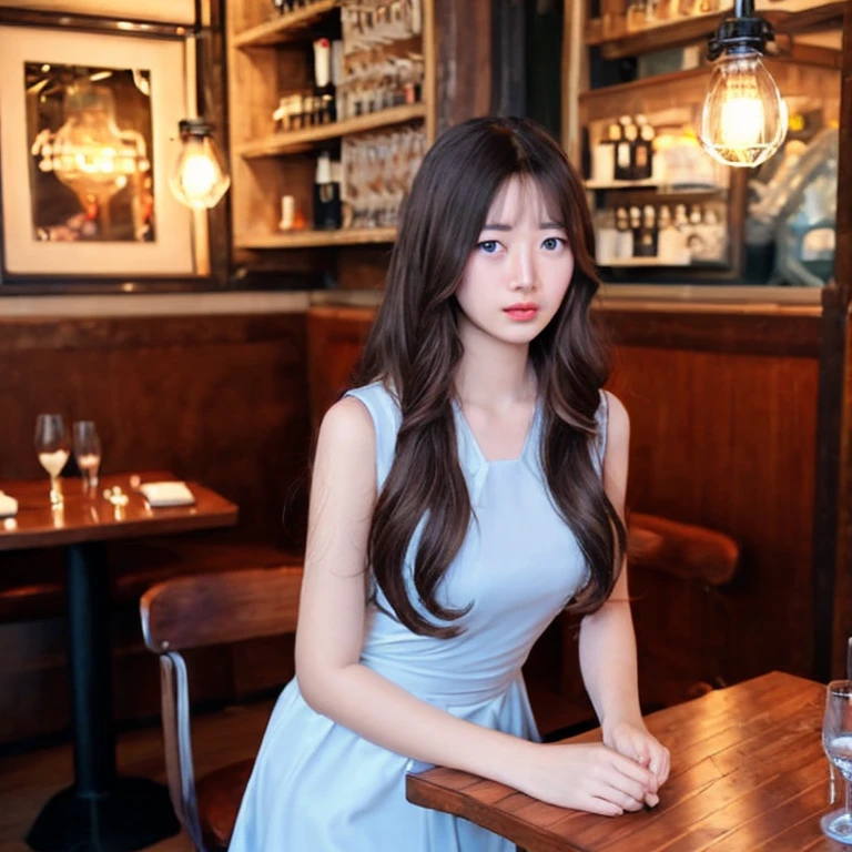 This is a single photo，Taiwanese long-haired beauty dines at the restaurant table，Wearing a sexy dress。