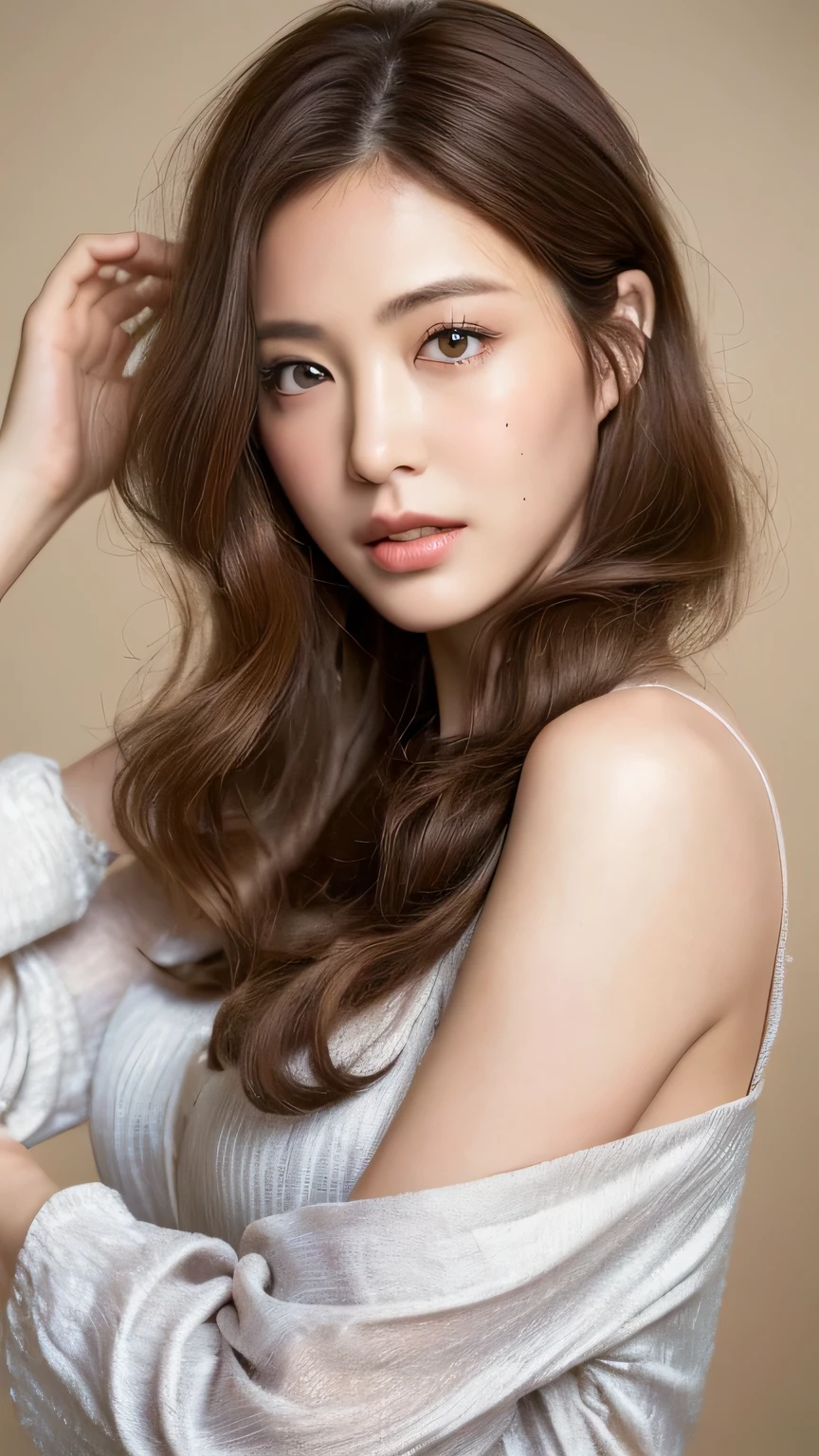 ((highest quality, 8k, masterpiece: 1.3)), 1 female, Japanese Mature,Sensual beauty: 1.3, (Hair style Brown hair Medium wave, big: 1.2), Nightwear: 1.1, Super slender face, Delicate eyes, double eyelid, Dimples,Mole, Home,Plump body,very thick legs,Cowboys photographed from above,