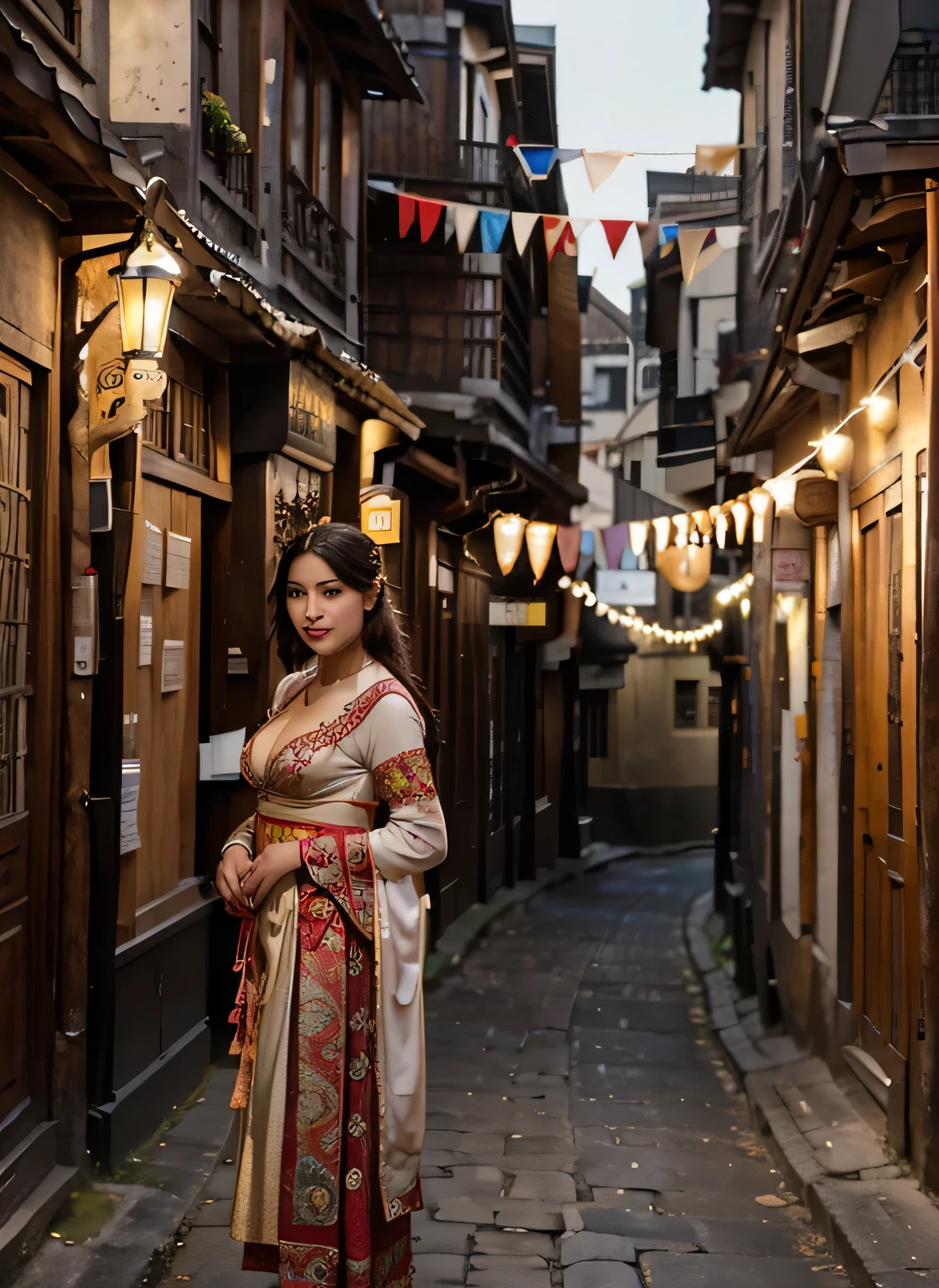 decorated street, Une femme, Debout au milieu de l'ancienne rue Jiufen, fetes dragon, tenue traditionel, jolie visage, beau corps, corps touts entier, seins moyens, ((non nu)), regarde face à l'objectic, smirk