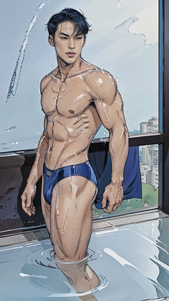 Handsome, tall, Korean man, pecs, slim legs, sexy blue underwear brief bikini, gorgeous, Wolf curtain hairstyle, Wet Body, Wet bulge, bulge, Humping back pose, Showercore, Comic Artstyle 2D
