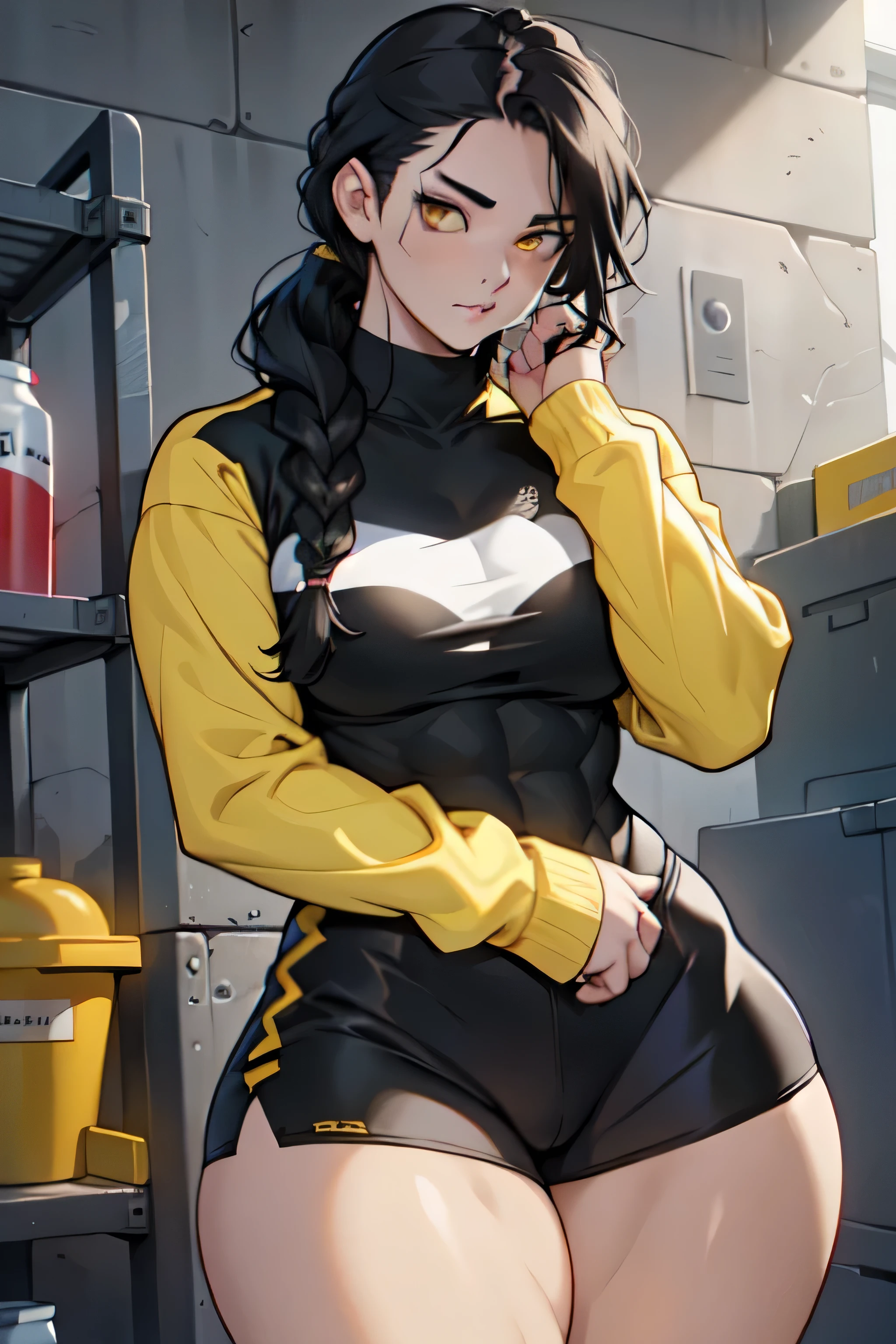 girl ((((muscular 1girl)))) ((((thick thighs toned body)))) (pale skin) black hair yellow eyes very long hair long sleeve tight t-shirt tight pants (french braid)