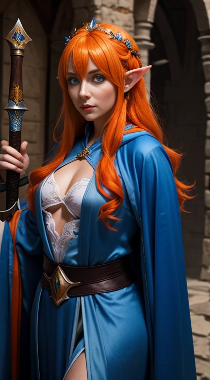Female eladrin in blue robes and orange hair amd a longsword in her hand